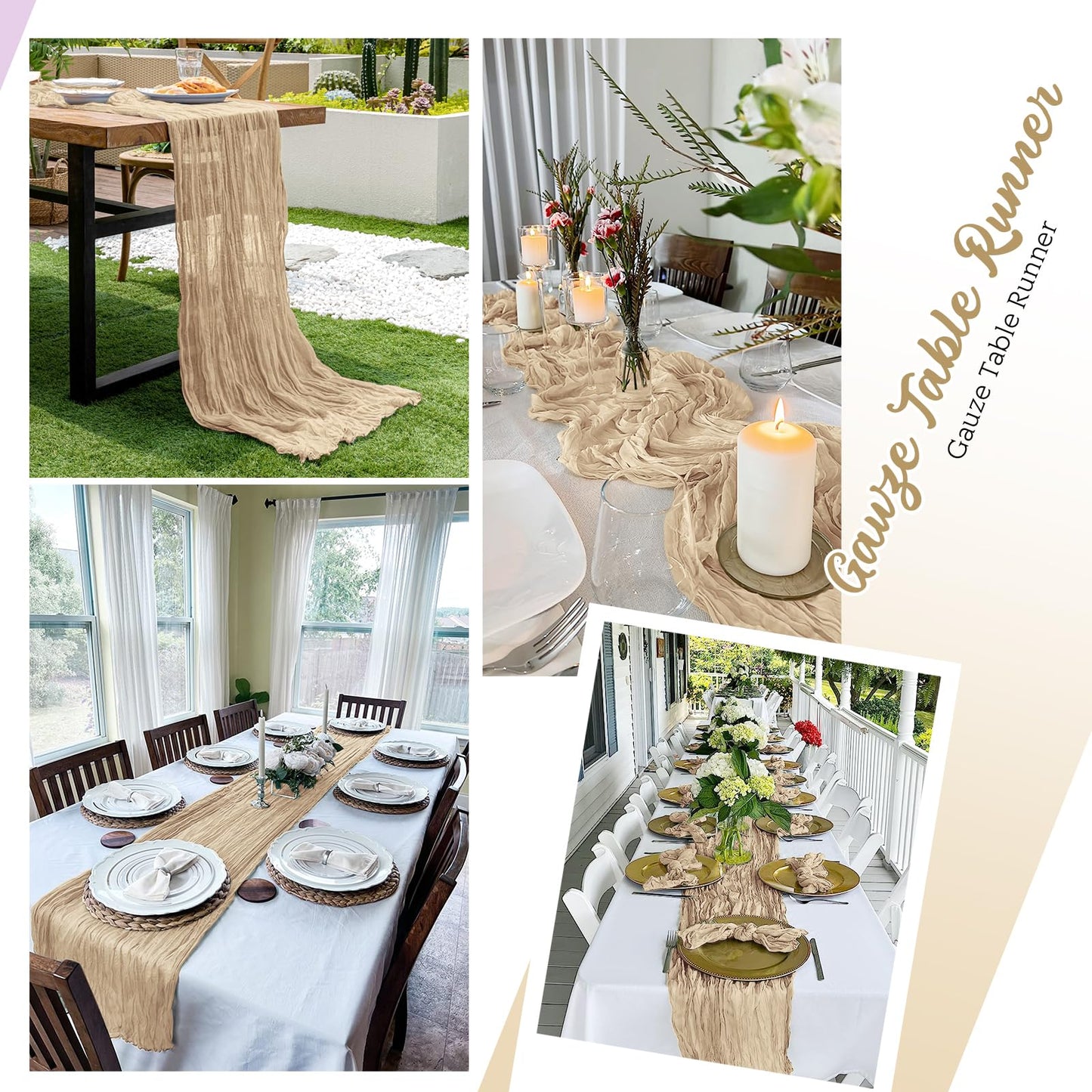 8 Pack Beige Cheesecloth Table Runners 20x120 Inch Gauze Table Runner Cheese Cloth 10FT Beige Table Runner Rustic Sheer Runner for Wedding Birthday Party Baby Shower Table Decor