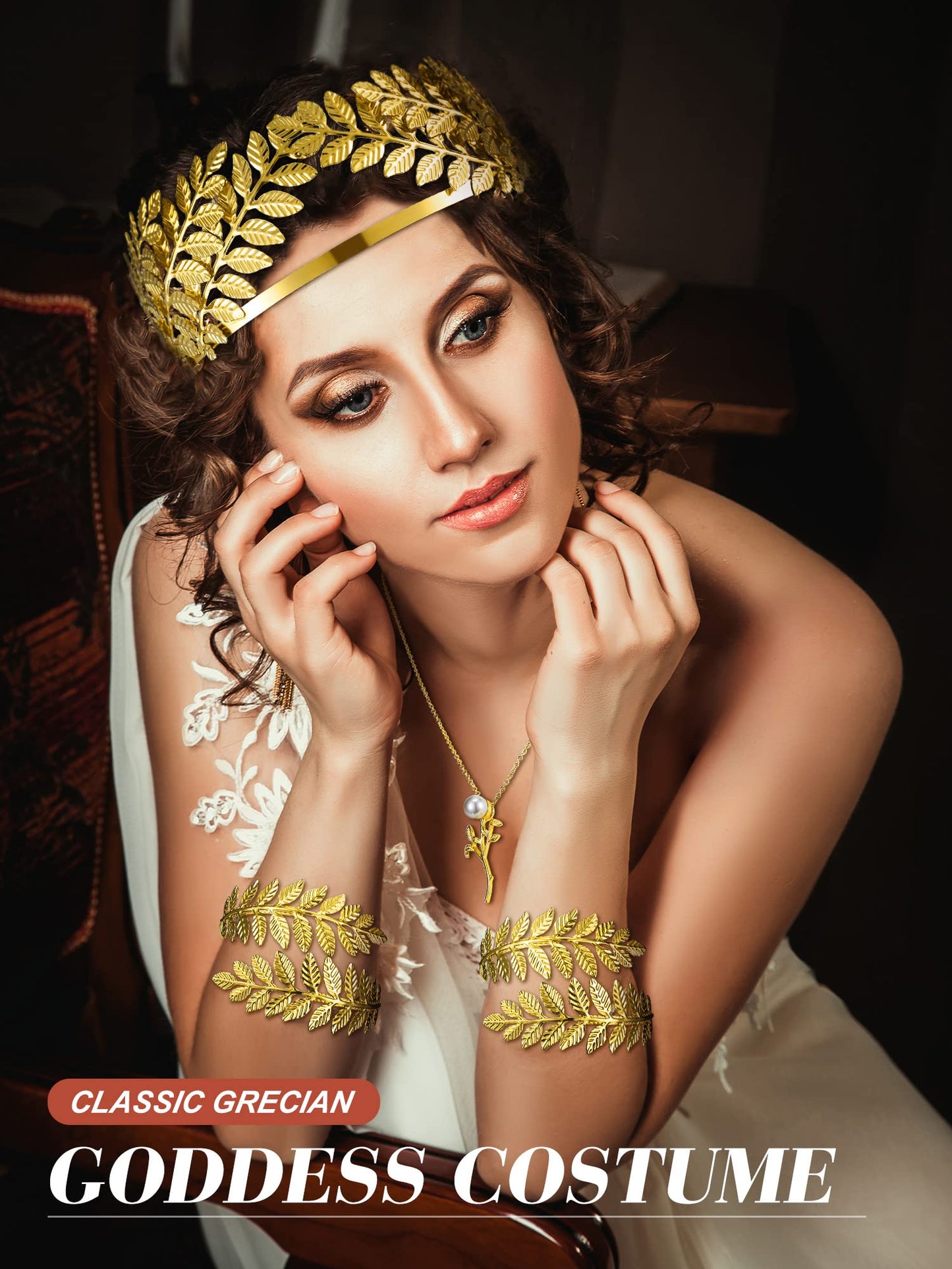 Xinnun 9 Pcs Greek Goddess Costume Accessories Toga Belt Leaves Crown Bracelet Headpiece Earrings Necklace for Women Bridal(Classic)