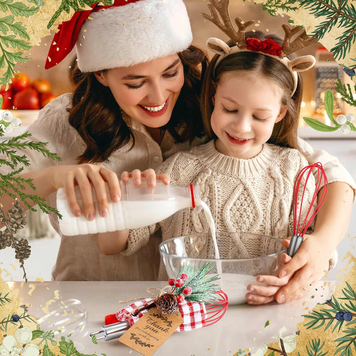 FoldTier 12 Sets Christmas Whisk Baking Supplies Gifts Sets Include Stainless Steel Whisk, Greeting Card, Snowfall Pine Branches, Plaid Towel, Rope for Xmas Neighbor Employee Stocking Stuffers Cooking
