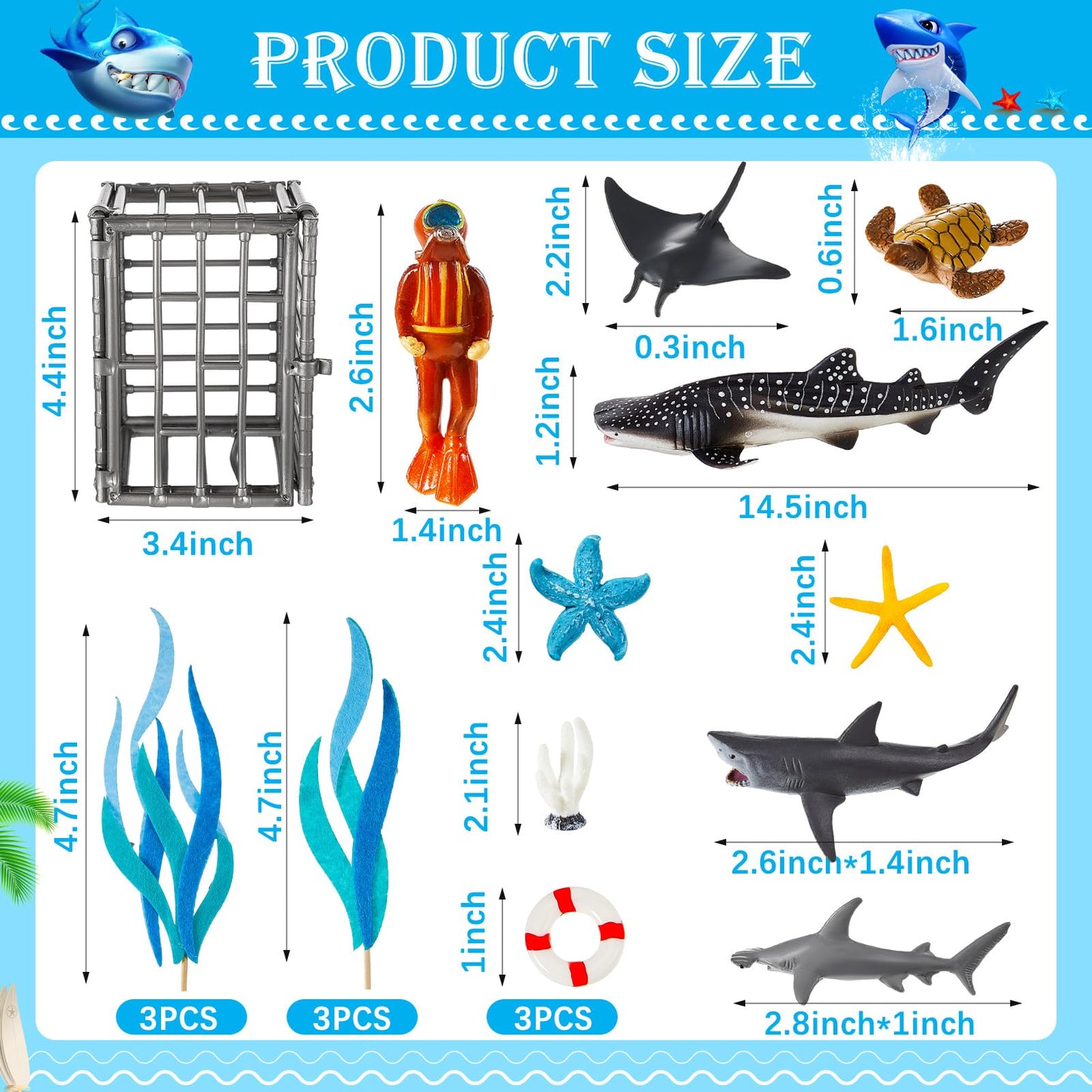 MiniInflat 19 Pcs Shark Cake Topper Cupcake Topper Baby Birthday Decorations Shark Figurines Sea Creatures Decor Ocean Theme Cupcake Picks for Birthday Shower Party