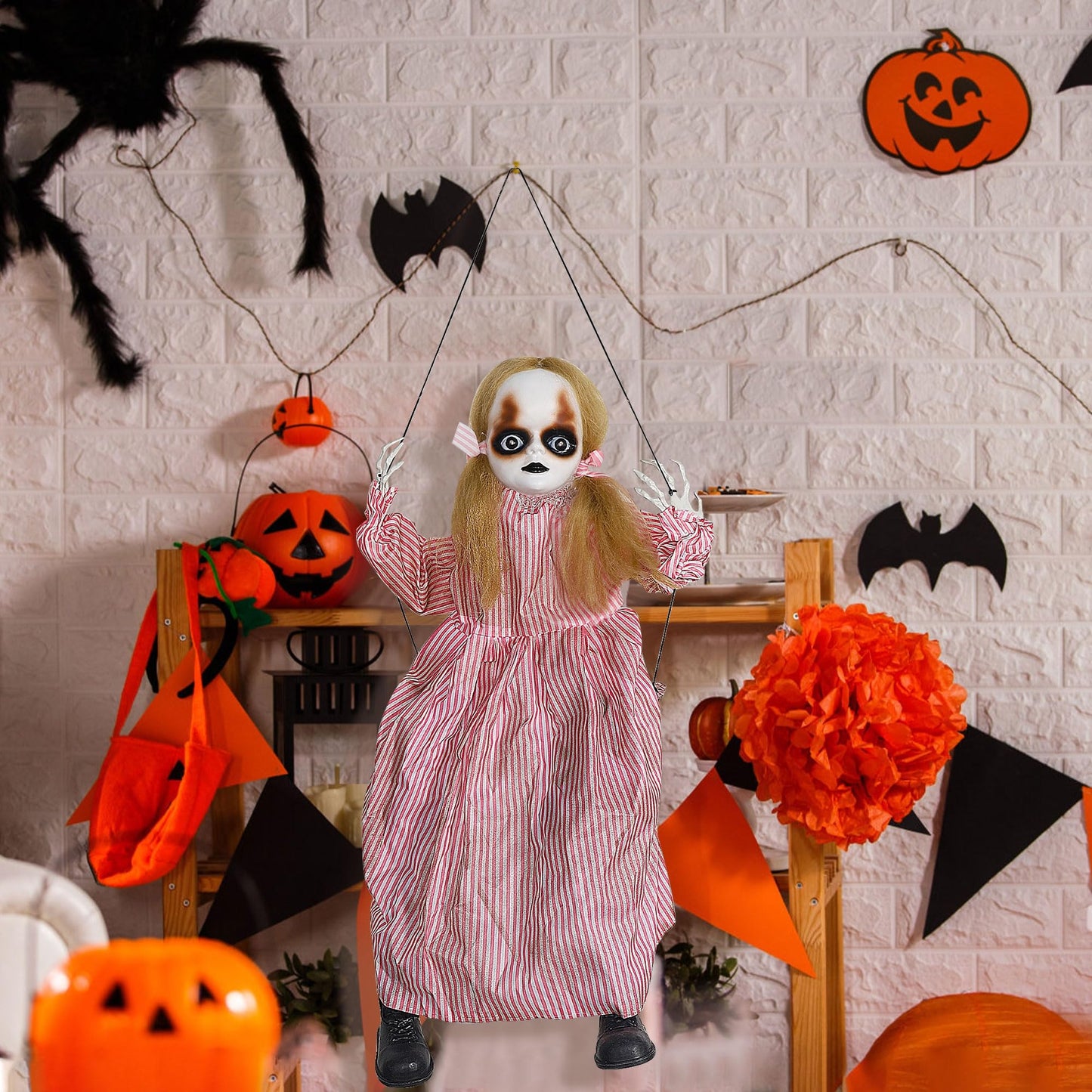 Treewoll Halloween Hanging Ghost Props, 2.6FT H Life-Sized Voice-Activated Pink Skirt Girl Sitting on Swing with Lighted Eyes & Kicking Legs & Eerie Sound for Haunted House Trees Spooky Party Decor