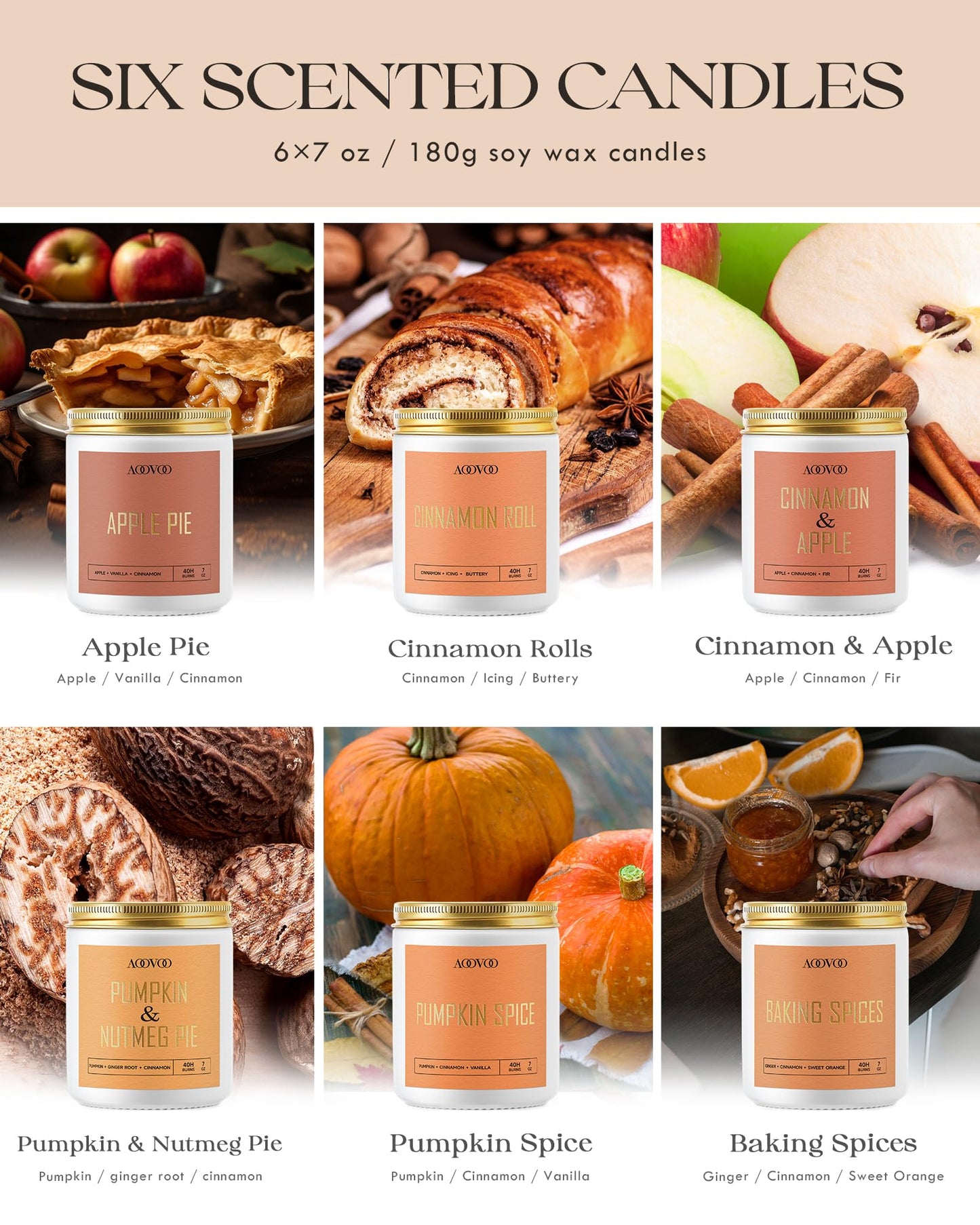 AOOVOO Fall Candles - 6 PC Scented Candle Set, 42 oz Soy Candles for Home Scented, Apple Pie/Cinnamon Roll/Cinnamon Apple/Pumpkin Nutmeg Pie/Pumpkin Spice/Baking Spice