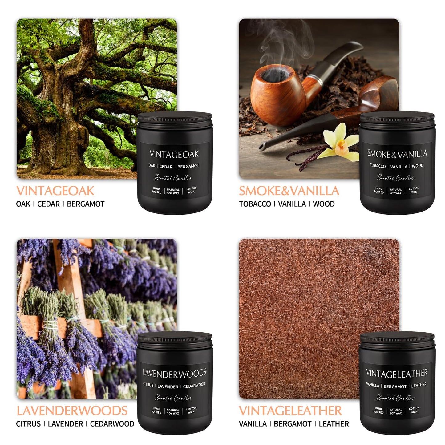 Scented Candles Gift Set - 4 Pack (7oz Each) Soy Wax Aromatherapy Candles with Essential Oils, Smokeless - Leather & Smoke, Vanilla Oakmoss, Lavender - Relaxing Fragrance for Home, Office, Yoga