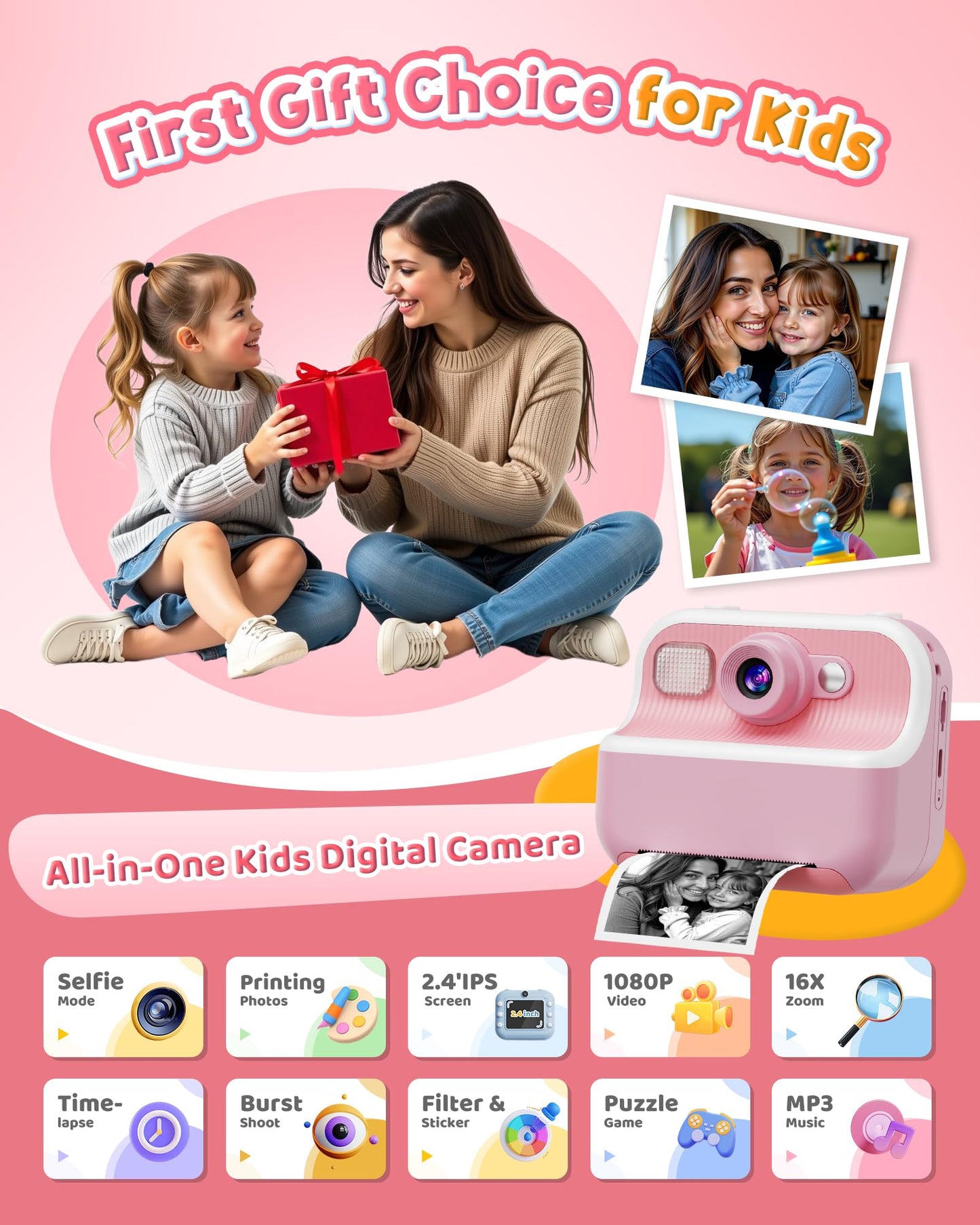 Instant Camera, Front Rear Dual Selfie Kids Camera with 1080P Videos, Holiday Birthday Gifts for Kids Age 3-12, Toddler Portable Travel Print Digital Camera Toy for 4 5 6 7 8 9 Year Boys Girls