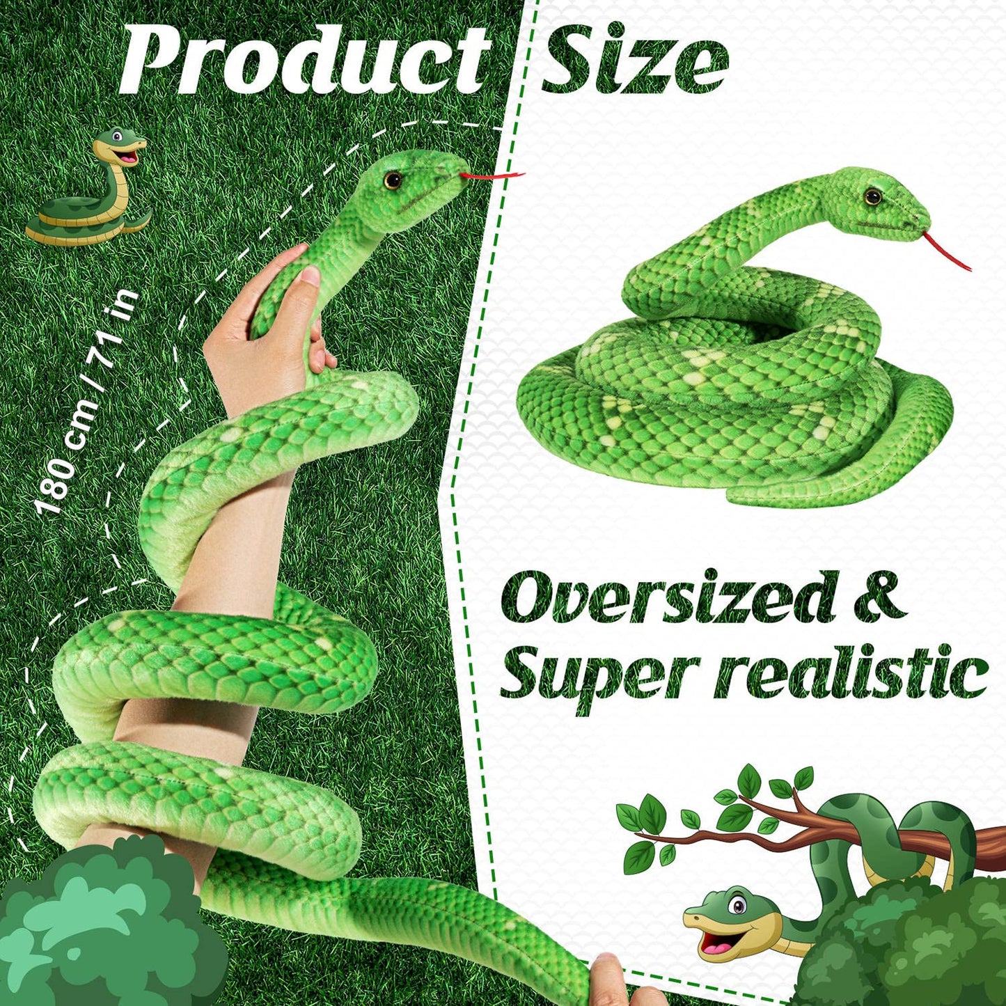 MGZTTHW Snake Plush, 71 in Stuffed Snake Animal, Large Toy Snakes for Kids, Giant Stuffed Animals Snake, Lifelike Plush Snake for Birthday Present Party Prank Prop (Green)