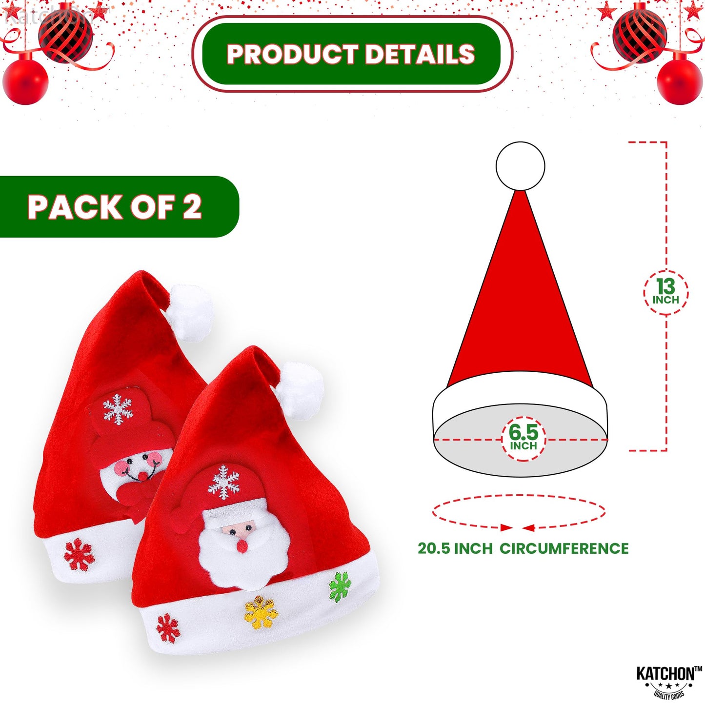 KatchOn Red Santa Hats for Kids - Pack of 2, 6.5x13 Inch | Christmas Party Favors and Decorations | Santa Claus Hats for Boys and Girls