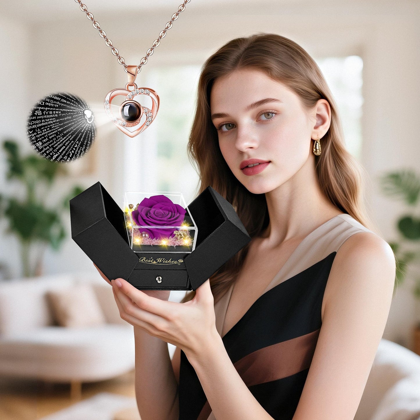 GOMALL Light Up Preserved Purple Rose Flower with Necklace,Birthday Gifts for Women,Christmas Rose Gifts for Her Mom Wife Grandma,Real Flower Mom Present for Women Christmas,Anniversary,Valentines