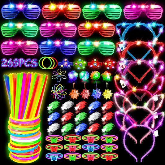 MIBOTE 269Pcs Led Light Up Toys Party Favors Glow in the Dark Party Supplies for Kid/Adults Halloween with Light Up Glasses,Rings,Fidget Spinner Bracelets,100 Glow Sticks Bulk Party Pack DIY Glow
