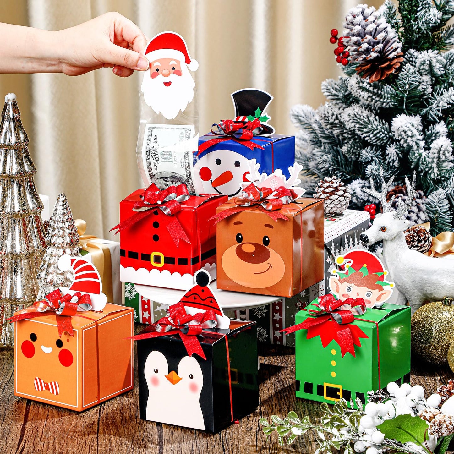 Cholemy 12pcs Christmas Money Gift Boxes for Cash Pop up Christmas Money Pull Box for Cash Gift Christmas Money Holders and Money Dispenser Snowman Elk Gingerbread with Bows for Christmas Holiday