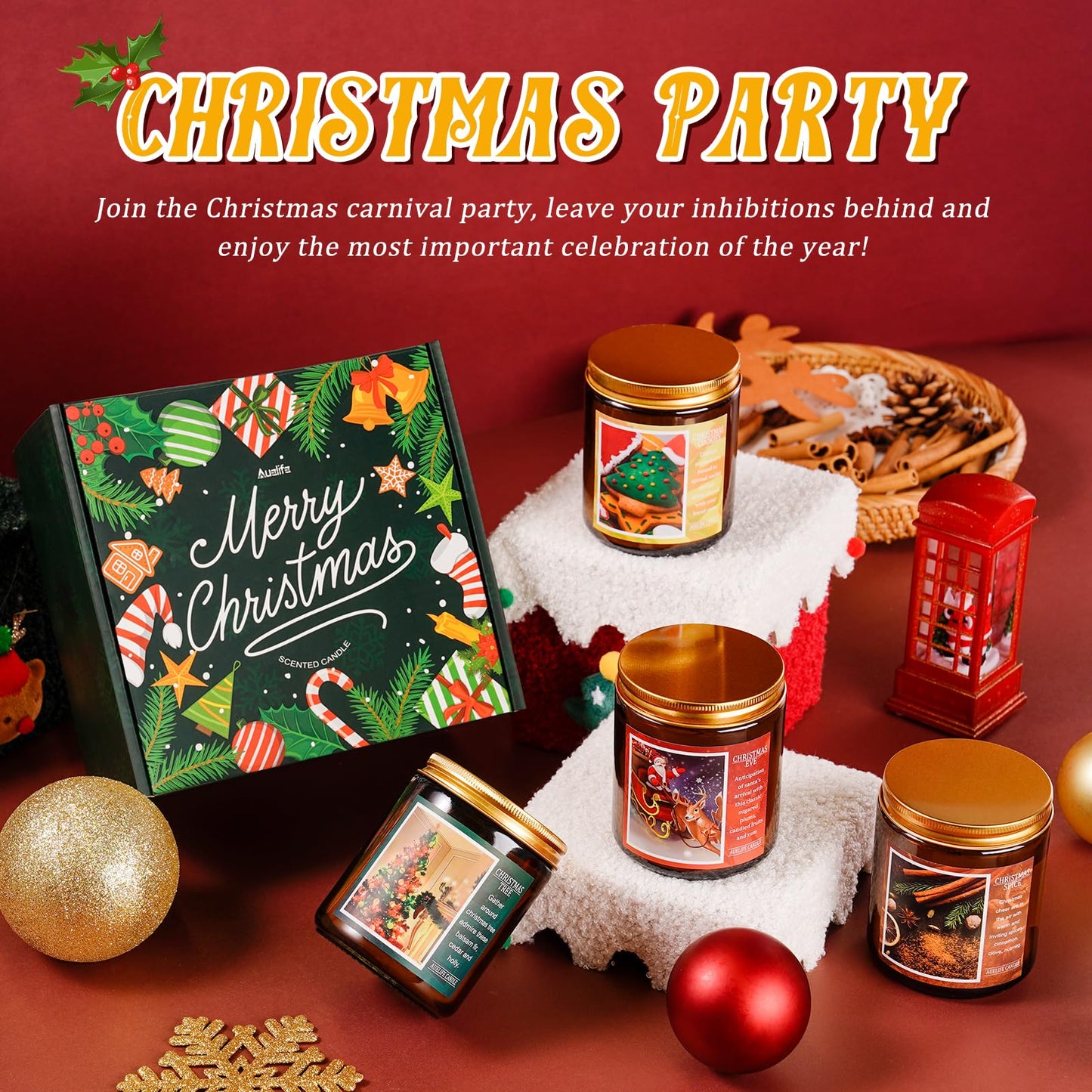 Christmas Candle Set | 4Pack Scented Candles Holiday Candle Gifts - Soy Candles Home Scented, Xmas Gift for Women and Men - Scents of Christmas Tree/Spice/Cookies/EVE