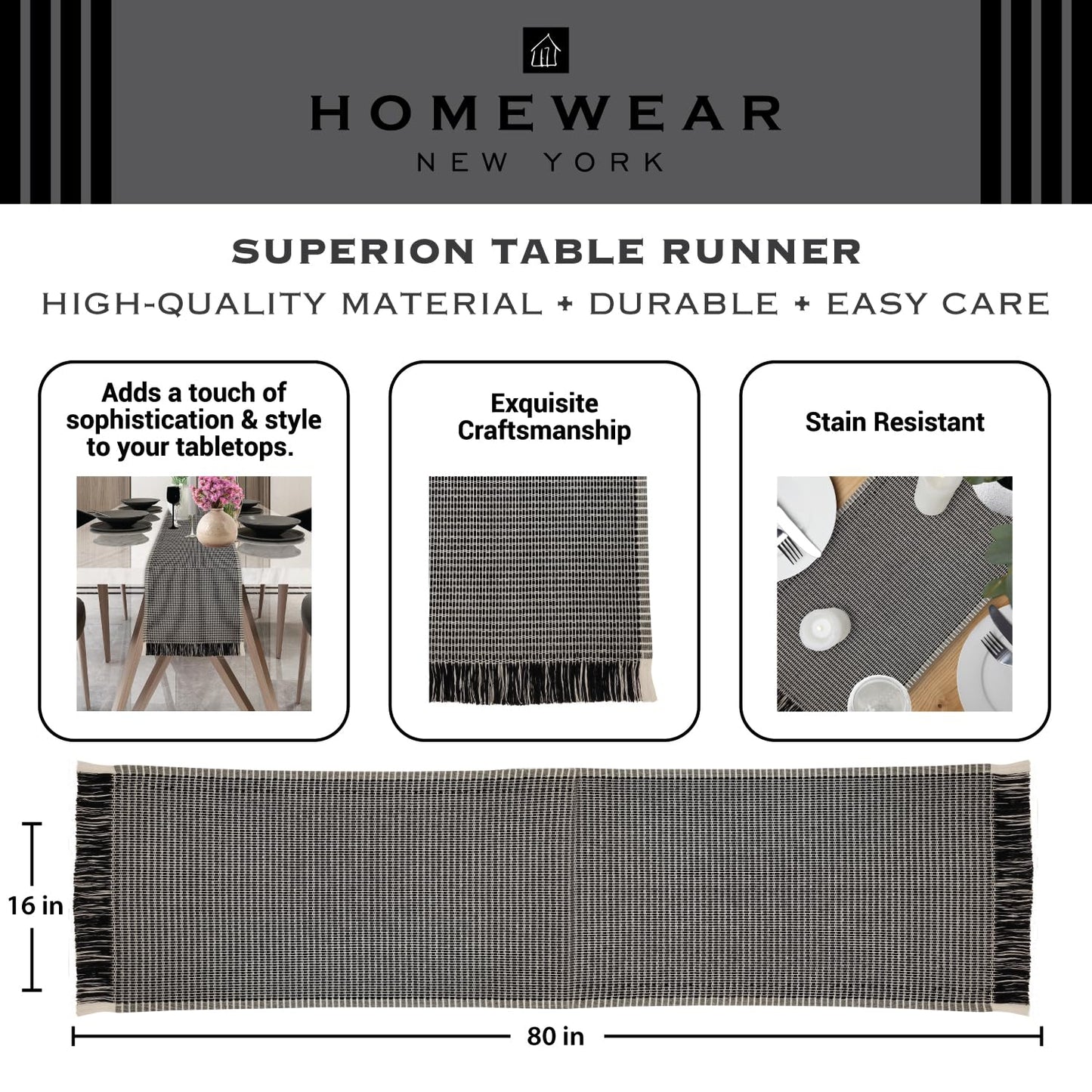 Homewear Arbor Stitch Woven Cotton Table Runner 16x80 Inch, 100% Cotton, Black, Dining Table Centerpiece for Kitchen, Living Room, Farmhouse, Boho Decor, Holiday & Everyday Party Decor, Rustic Home