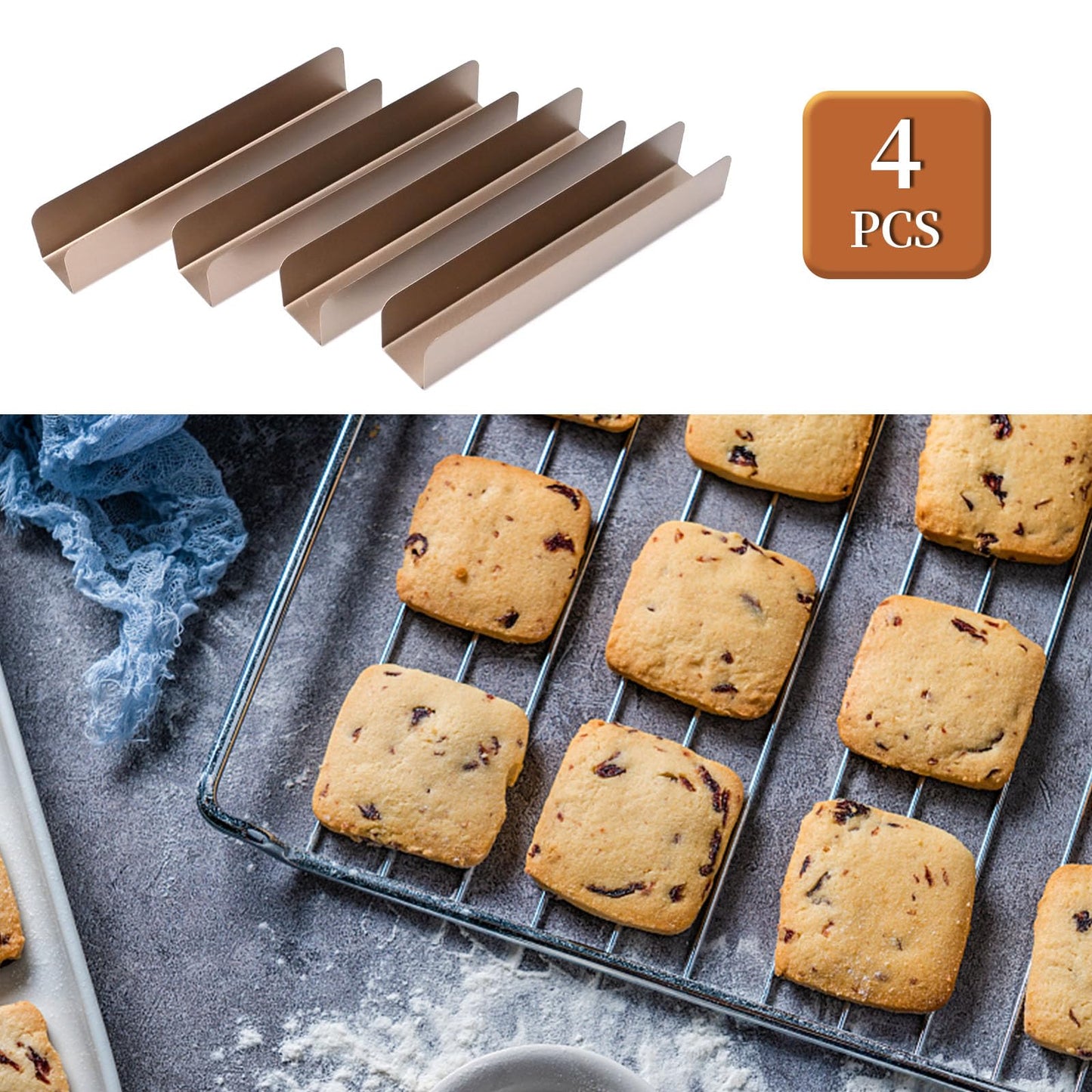 4PCS Cookie Cutter Long Non- Stick, Rectangle Cookie Cutters, Carbon Steel Cookie Mold, U Shape Biscuit Cake Bread Mold for Baking Fondant Baguette Dessert, 9.5"x1.8"x1.6"