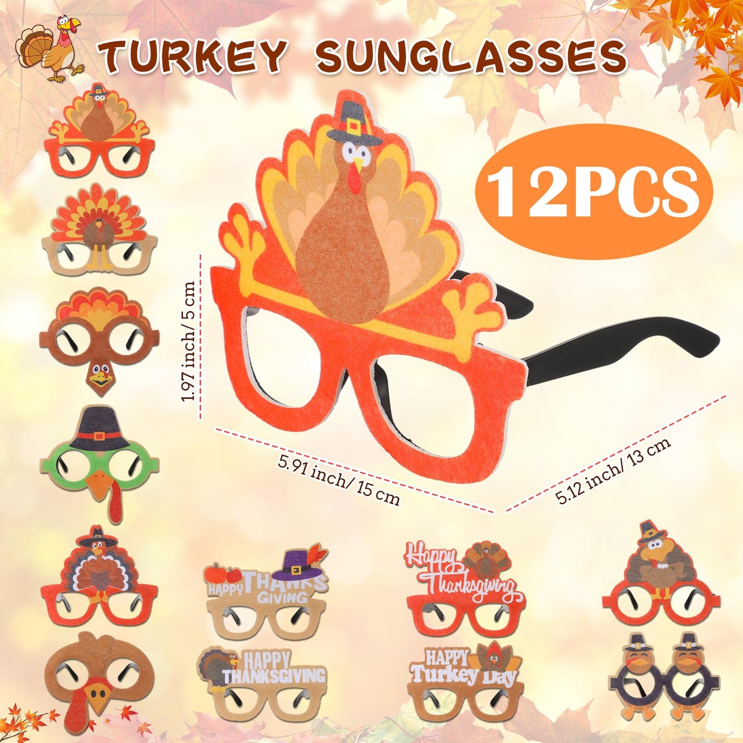 Hotop 24 Pcs Thanksgiving Turkey Headbands and Turkey Glasses Soft Felt Cloth Material Holiday Glasses and Headwears for Thanksgiving Autumn Party Favors