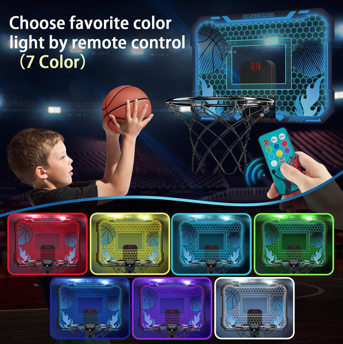 VROGTIK Indoor Basketball Hoop for Kids with Led Lights Mini Basketball Hoop with Remote Control Over The Door Basketball Hoops with Scoreboard Basketball Toys for 4-12 Year Old Boys Girls
