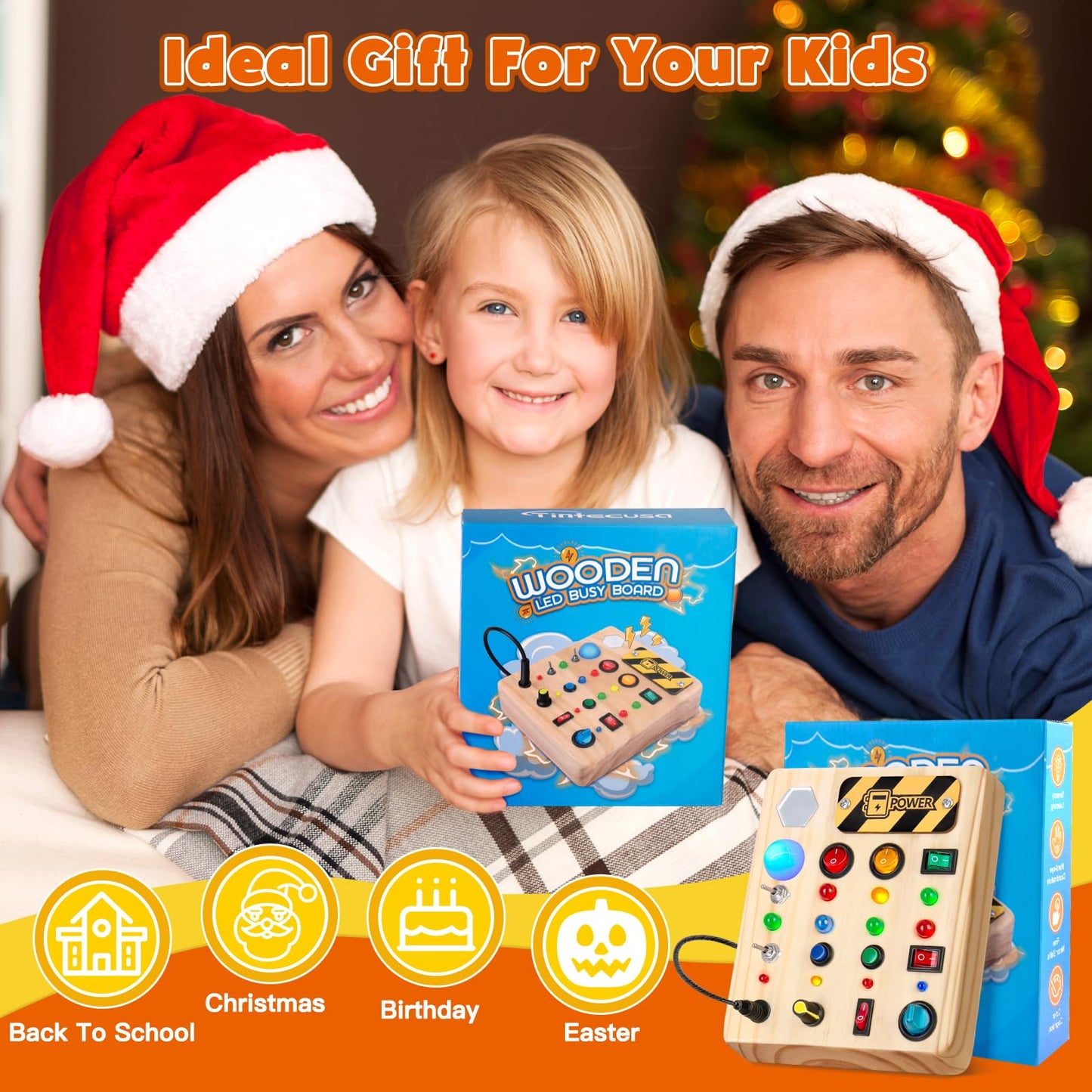 TINTECUSA Busy Board Montessori Toys for Toddler, Wooden Sensory Board Switch Toy with Shape Sorter LED Light Up Toys Educational Plane Travel Activity for Girls & Boys