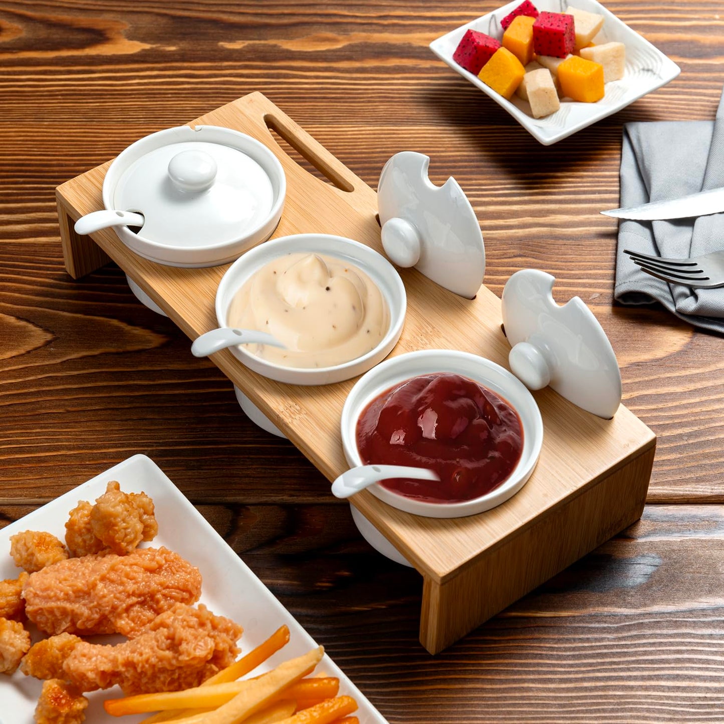 MyGift 10 Piece Condiment Pot Serving Set Includes Premium Solid Bamboo Wood Raised Display Server Tray and 3 Ceramic Ramekin Dip Bowls with Lids and Spoons