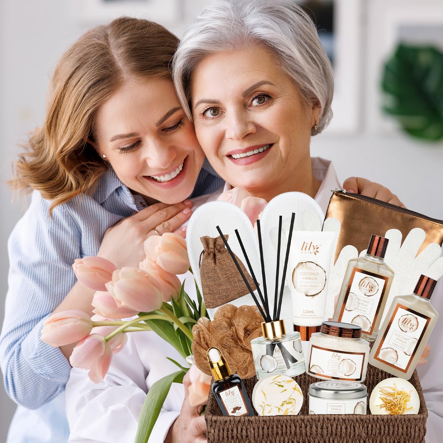 Bath and Body Gift Basket Set for Women - Coconut Vanilla Spa Gift Basket for Women 17-Piece Luxury Bath Gift Set with Shower Gel Self Care Pampering Gifts for Mothers Day, Christmas, Birthday Gifts