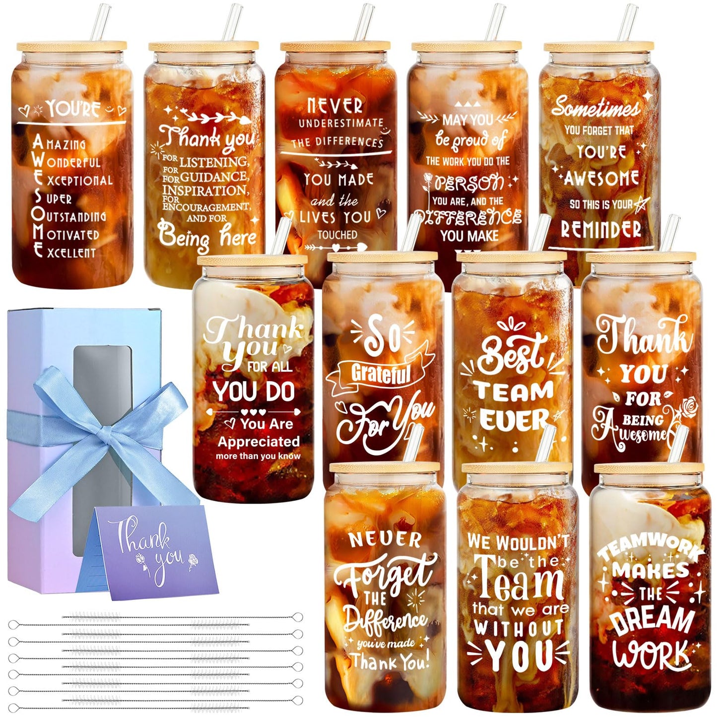 OLSUNOR 12 Set Employee Appreciation Gifts Bulk, Personalized Inspirational Thank You Gifts for Christmas Staff Coworker 16 oz Can Shaped Beer Glass Cups, Gift Box and Card for Team Women Men Nurse