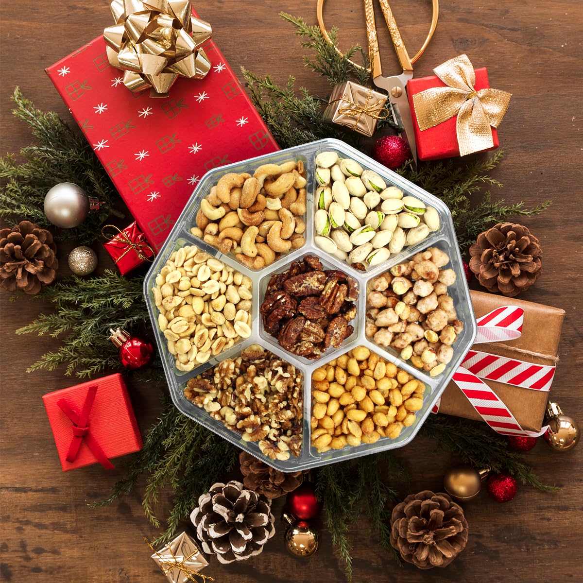 Christmas Nuts Gift Basket for Holiday Season, Premium Mixed Nut Assortment Gift Gourmet Snack Food Present Box, Vegan, Organic and Kosher - Christmas Gift Basket for Family (7 Sectional)