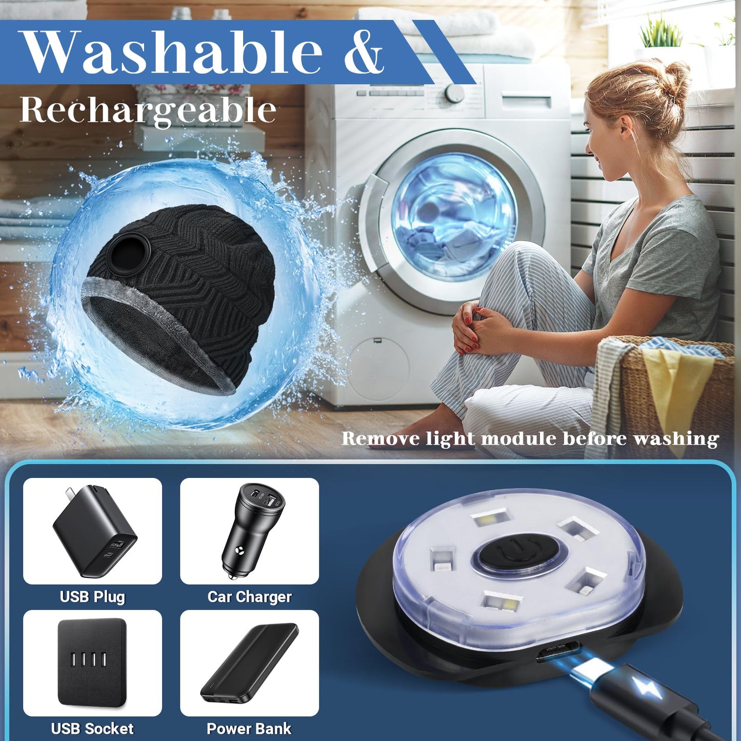 HIGHEVER LED Beanie Hat with Light: Christmas Stocking Stuffers for Men Adult Winter Gift Dark Black