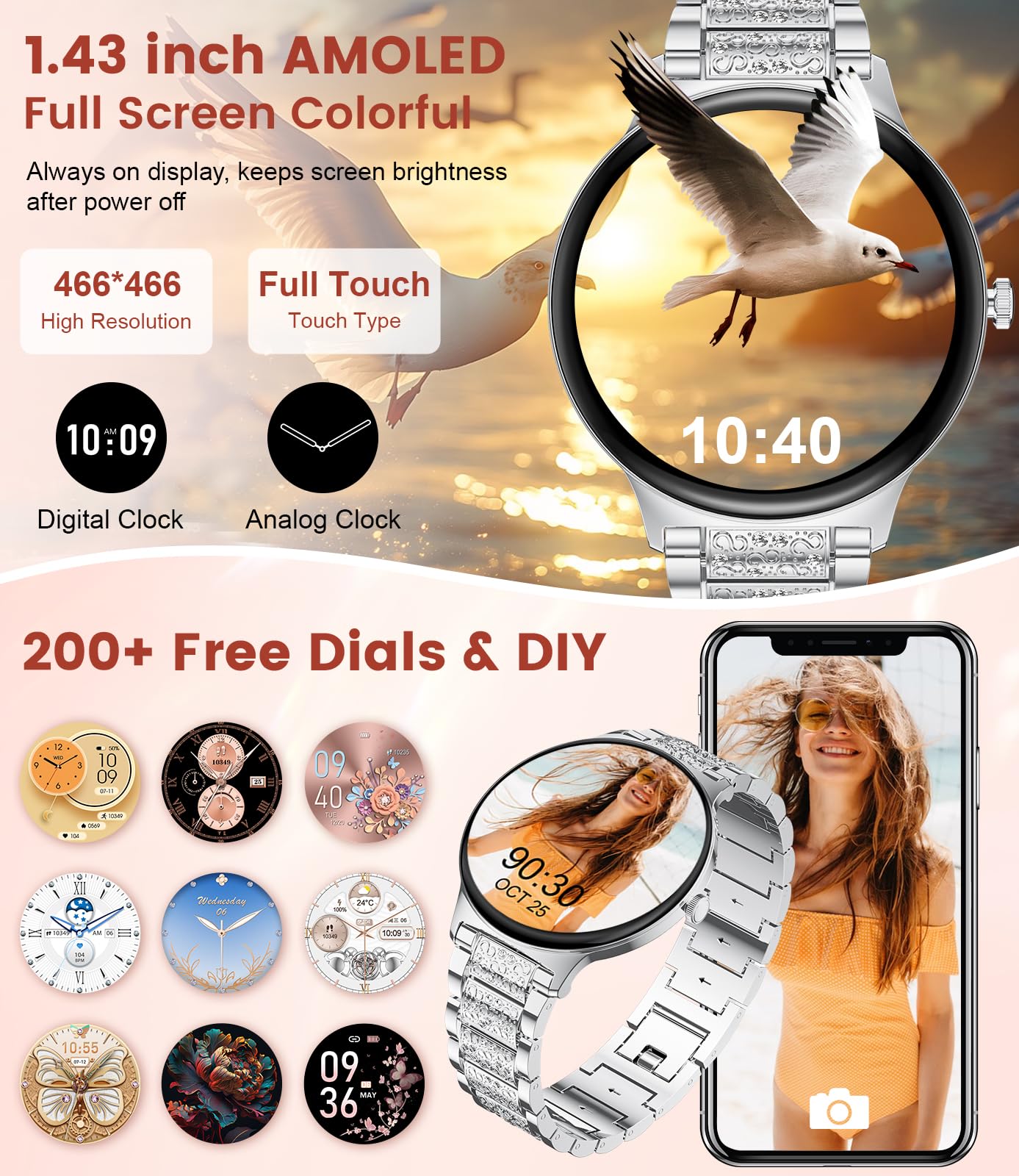 LIGE Smart Watch for Women(2 Bands), 1.43" HD AMOLED Slim Smartwatch for Android iOS,Fitness Tracker with 120+ Sport Modes/IP68 Waterproof/Sleep Monitor,Silver