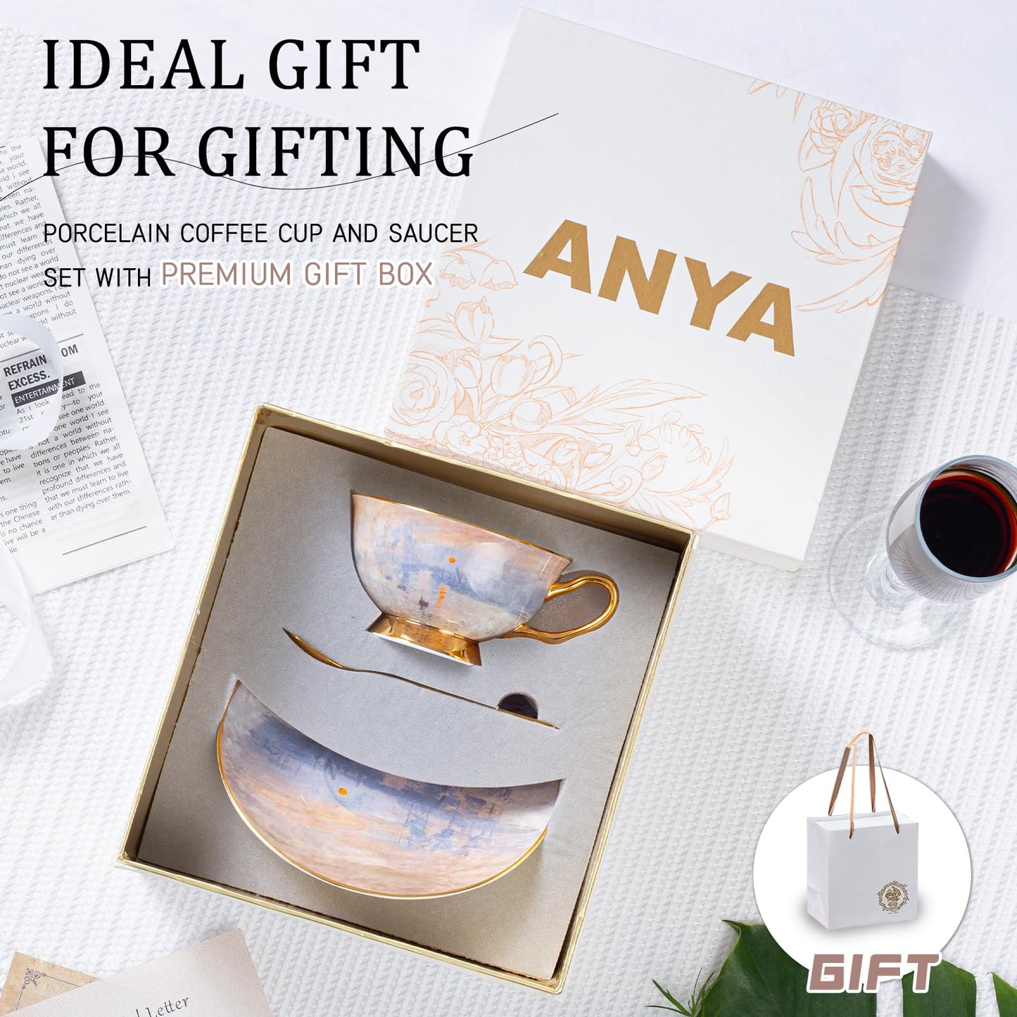 ANYA Coffee Cup Bone China Coffee & Tea Cup and Saucer Set with Spoon and Gift Box, Porcelain Cappuccino Cup, Ideal for Tea Parties, Single Set(7.4 oz) (Sunrise)