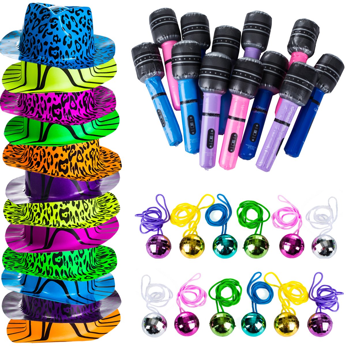 Tigerdoe Rock n Roll Party Favors - 36 Pc Set - Rock Star Party Hats, Disco Ball Necklaces, Inflatable Microphones - Rocker Party Supplies