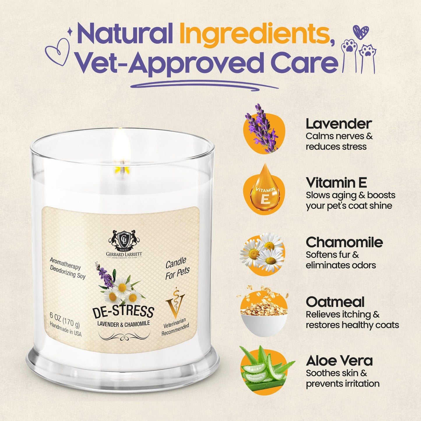 Pet Odor Eliminator Candle Lavender and Chamomile Scented Candle, Pet Candles Odor Eliminator, Soy Wax Calming Candles Aromatherapy, Dog & Cat Friendly Air Fresheners by Gerrard Larriett