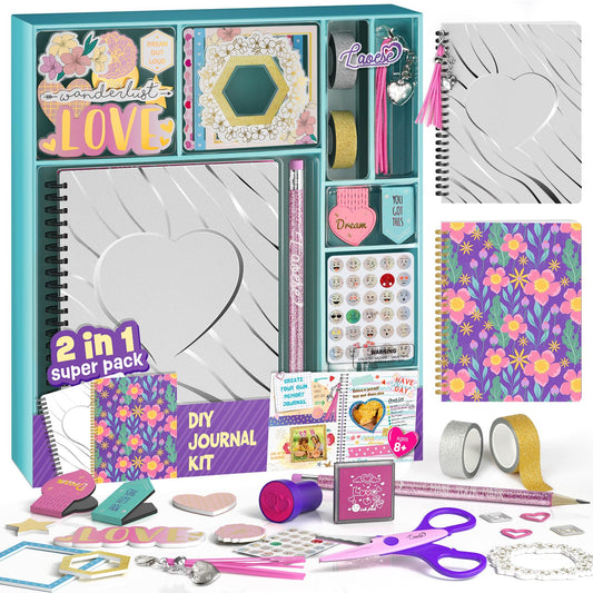 2-Pack DIY Journal Kit - Gifts for Girl Ages 8 9 10 11 12 13 14 Year Old - Cool Birthday Gifts Ideas for Girls - Art & Crafts for Tween Kid - Teen Girls Trendy Stuff - Scrapbook & Diary Supplies Set