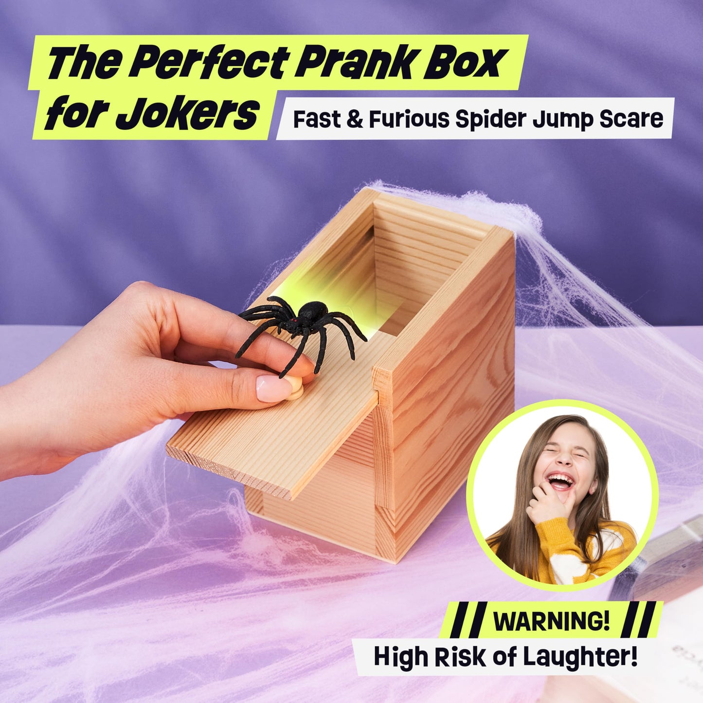 FunFamz The Original Spider Prank Box- Funny Wooden Box Toy Spider Prank, Hilarious April Fools Day, or Birthday Surprise Toy and Gag Gift Practical Joke Bromas Kit