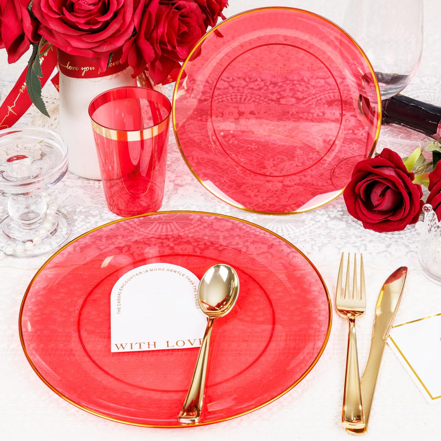 LIYH 180 Pcs Clear Red Plastic Plates Disposable - Red Dinnerware Set, Include Red and Gold Plates, Dinner Plate, Dessert Plate, Gold Plastic Silverware for Birthday Party