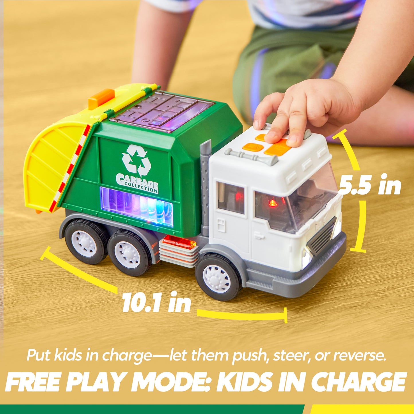 LED Garbage Truck Toy Set Includes Dumpster, Toy Truck with Mode Switch & Volume Control, Trash Vehicle with Lights and Sounds, Automatic Bump & Go Car