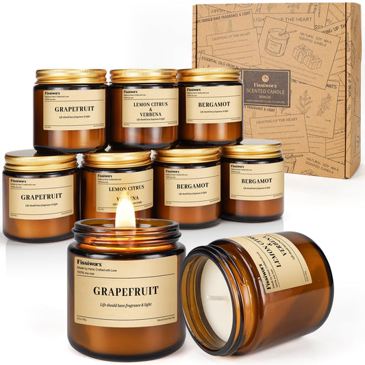 9 Pack Soy Candles for Home Scented | Grapefruit/Lemon Citrus/Bergamot Aromatherapy Candle Set in Amber Jar, Natural Scented Candles Gift for Women & Men, Birthday, Mother’s Day, Christmas