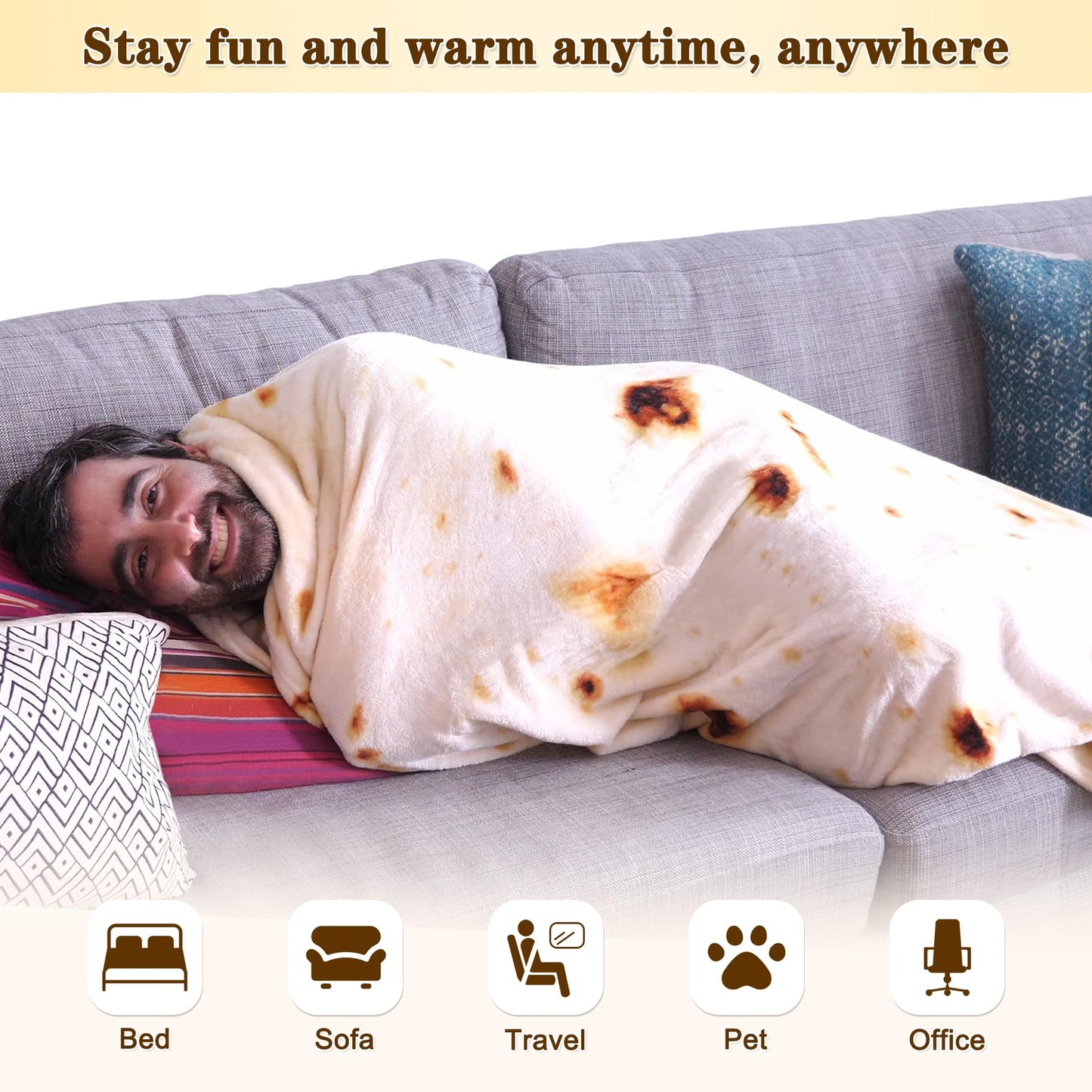 mermaker Burritos Tortilla Throw Blanket 2.0 Double Sided 60 inches for Adult and Kids, Giant Funny Realistic Food Blanket, 285 GSM Novelty Soft Flannel Taco Blanket (Yellow-Double Sided)