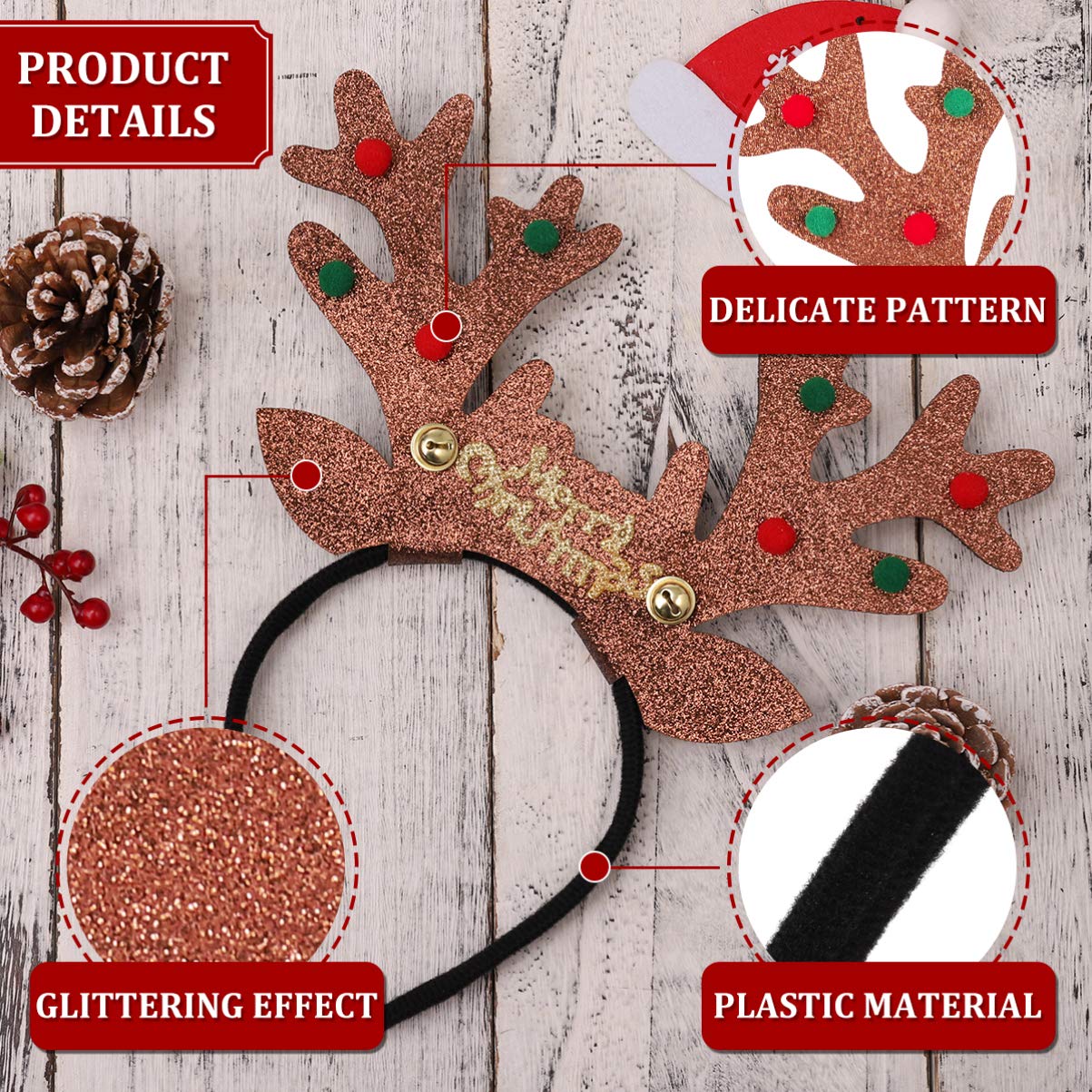 FRCOLOR 6 Pieces Christmas Reindeer Antlers Headbands Reindeer Antler Hair Hoop Headpiece for Christmas Party Holiday Favors