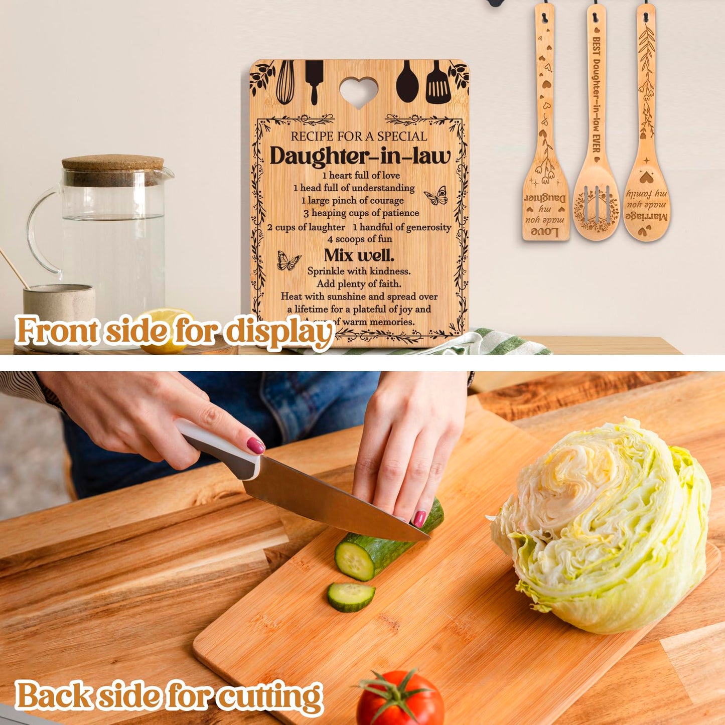 Gifts for Daughter in Law - "Recipe for a Special Daughter-in-Law" Daughter in Law Birthday Gifts Cutting Board Set, Bamboo-Made Engraved Utensil Set Gifts for Daughter in Law.