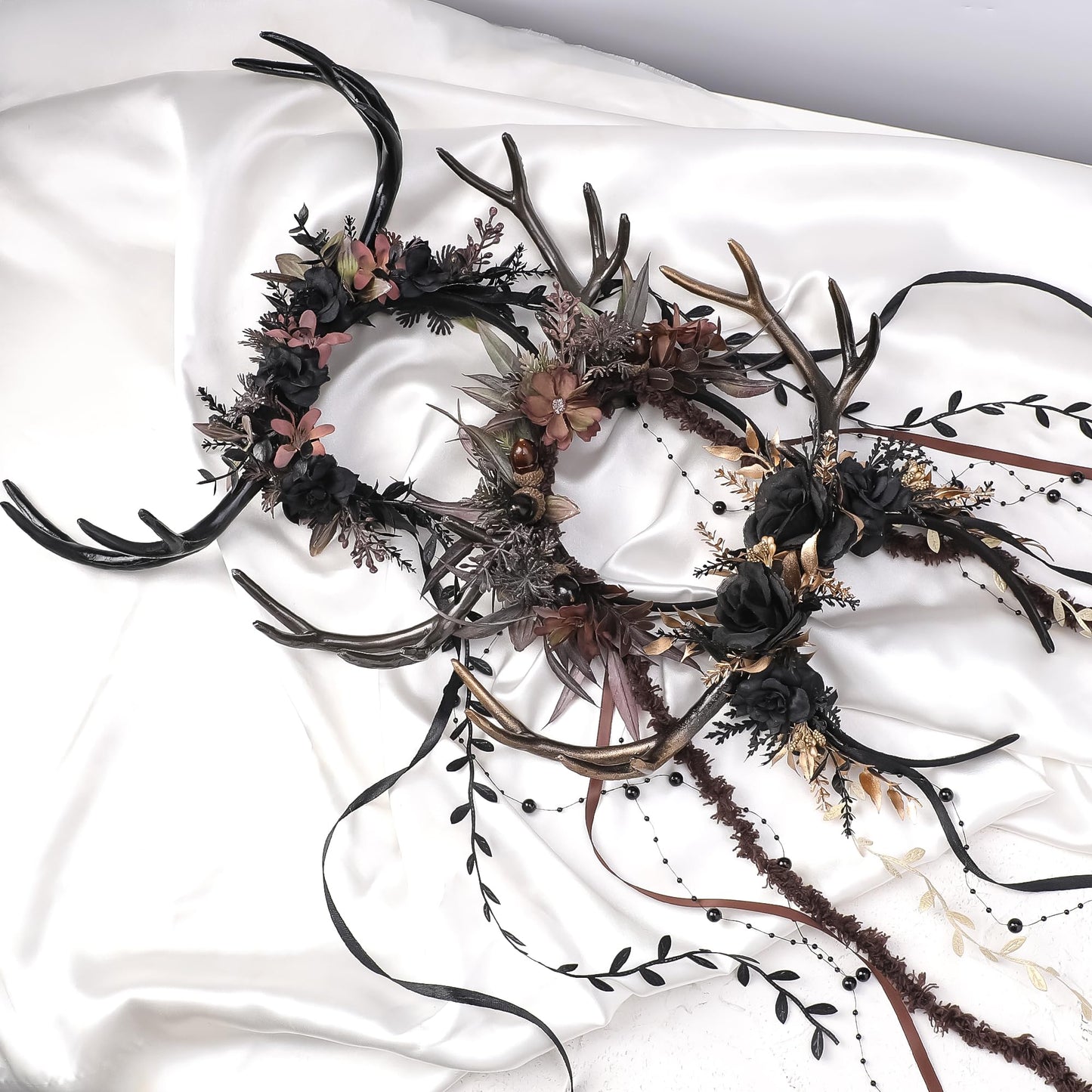 MOSTORY Dark Flower Reindeer Headband - Gothic Floral Antlers Headpiece for Renaissance Accessories Women Dark Fairy Costume, Deer Horns Headband with Vine for Goth Cosplay Renfaire Witch Aesthetic