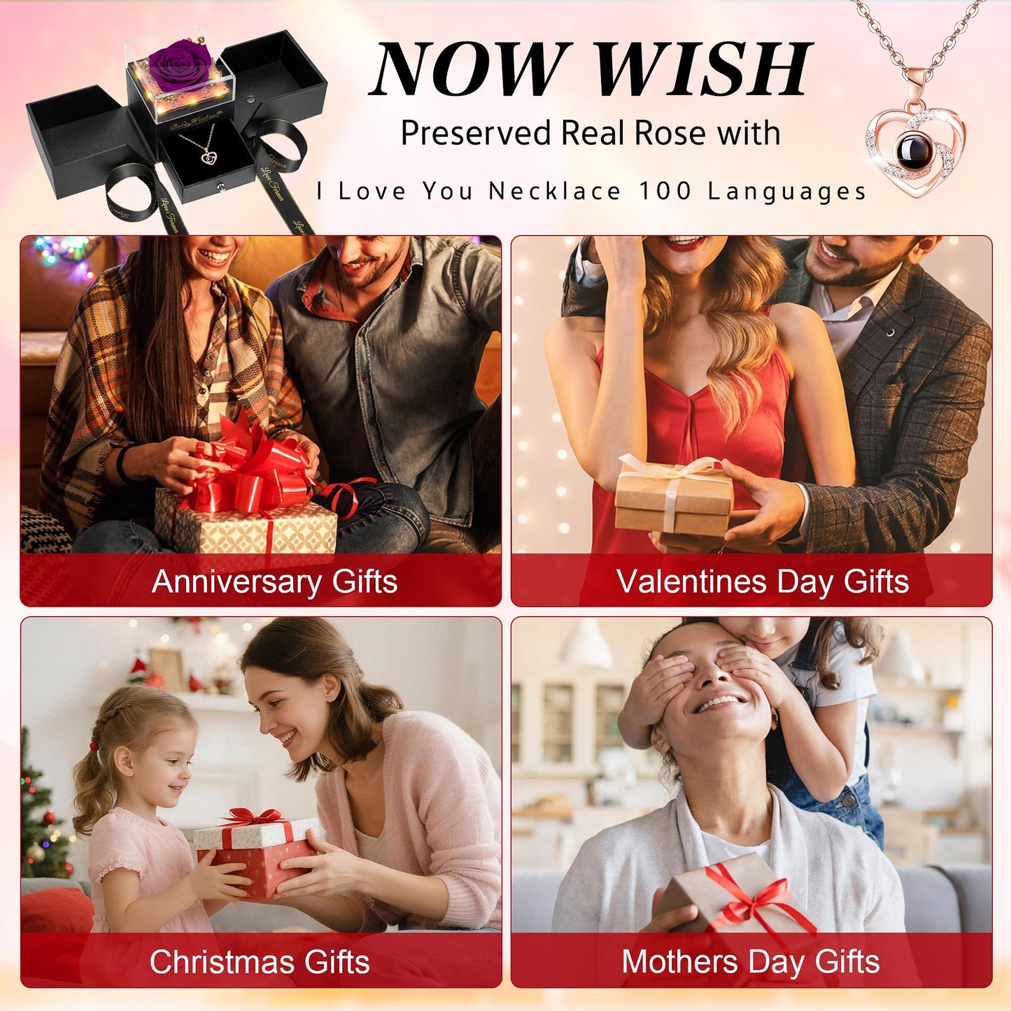 GOMALL Light Up Preserved Purple Rose Flower with Necklace,Birthday Gifts for Women,Christmas Rose Gifts for Her Mom Wife Grandma,Real Flower Mom Present for Women Christmas,Anniversary,Valentines