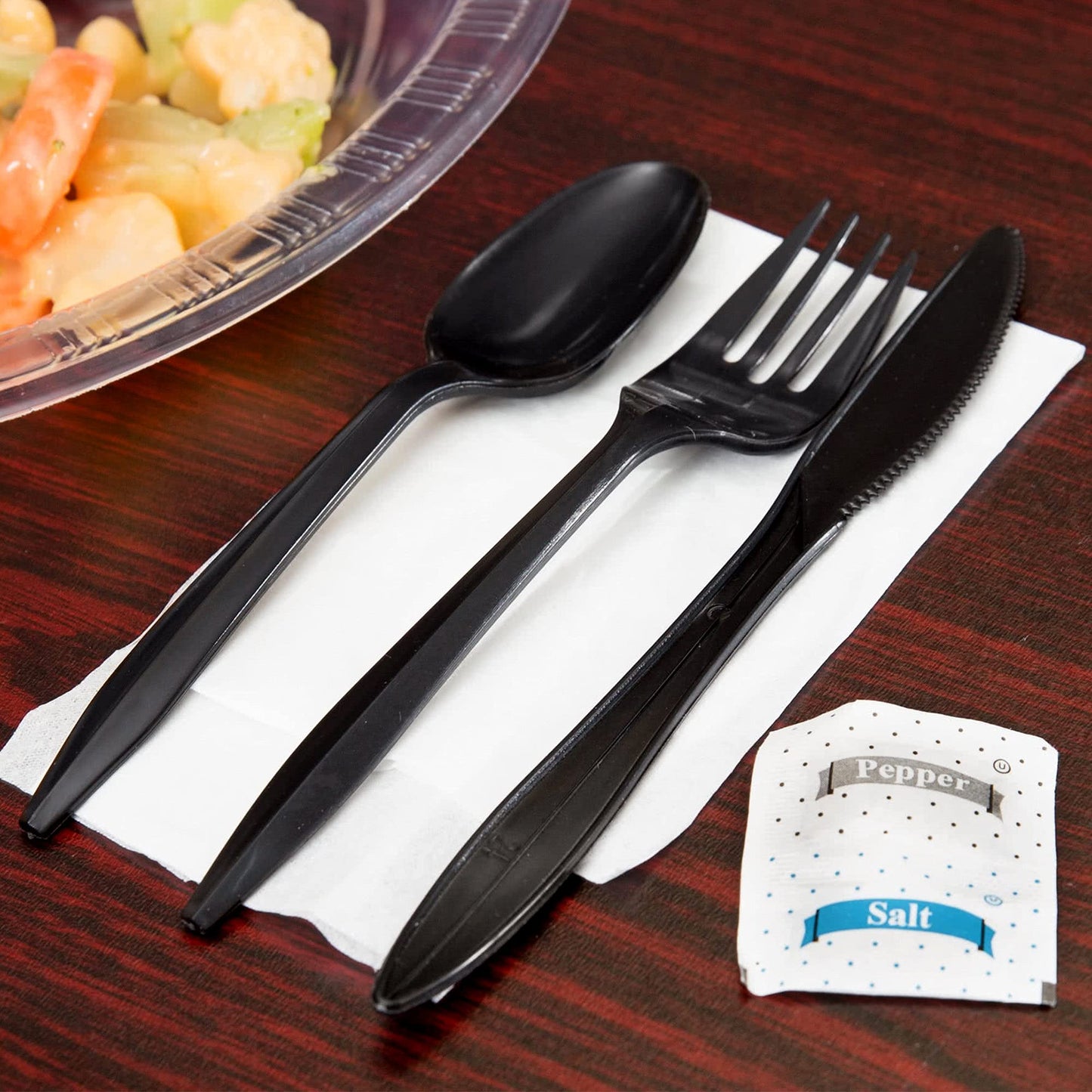 KitchenDine 100 Pack Medium Weight Wrapped Black Plastic Cutlery Pack with Napkin and Salt/Pepper Packets (Black)