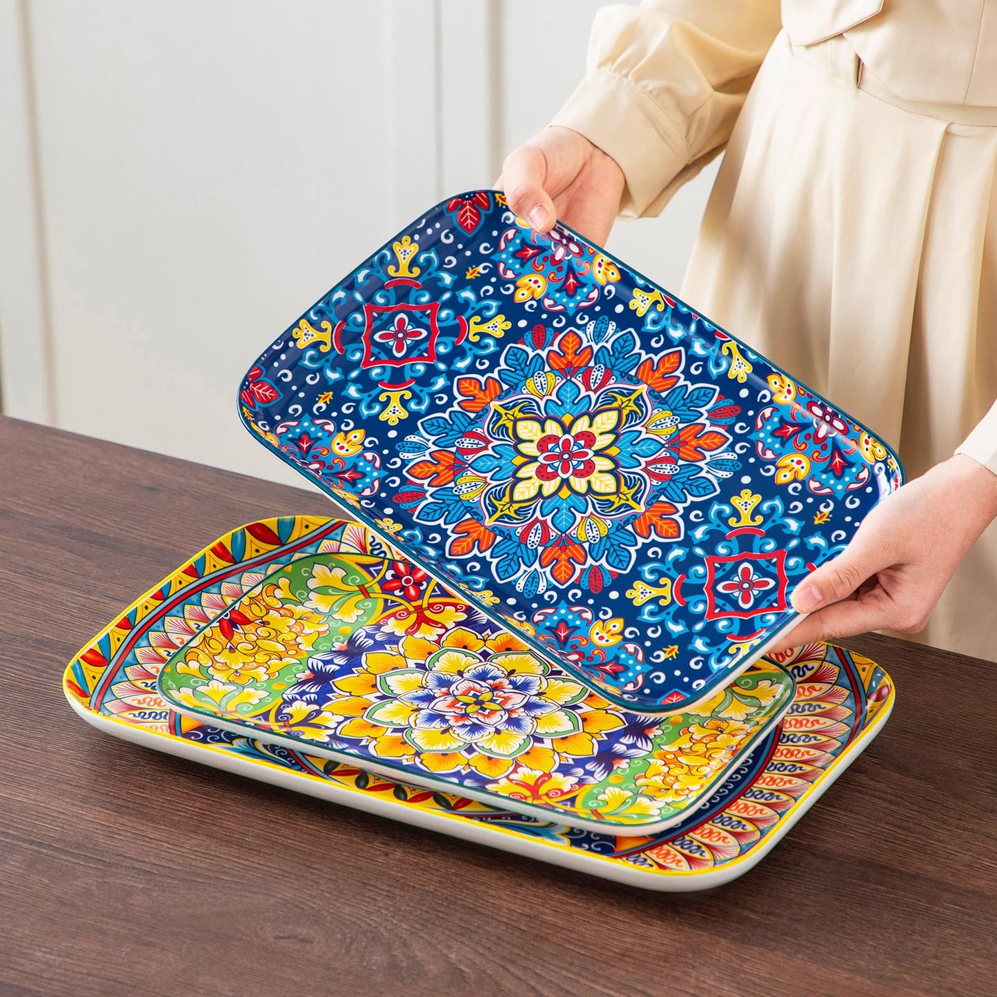 vancasso Serving Platters Set of 3, 16"/14"/12" Inch Rectangular Trays - Serving Platter Extra Large, Bohemian Ceramic Serving Dish for Entertaining Food, Microwave & Dishwasher Safe, Vintage