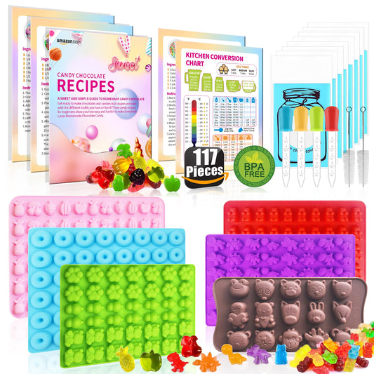 117Pcs Silicone Gummy Bear Molds Kit with 100 Wrappers, 5 Recipe Cards, 4 Droppers & 2 Brushes,Non-Stick Candy Mold for DIY Chocolate, Gummy Bears, Party Favors (Dinosaur, Bear, Fruits, Donut Shapes)