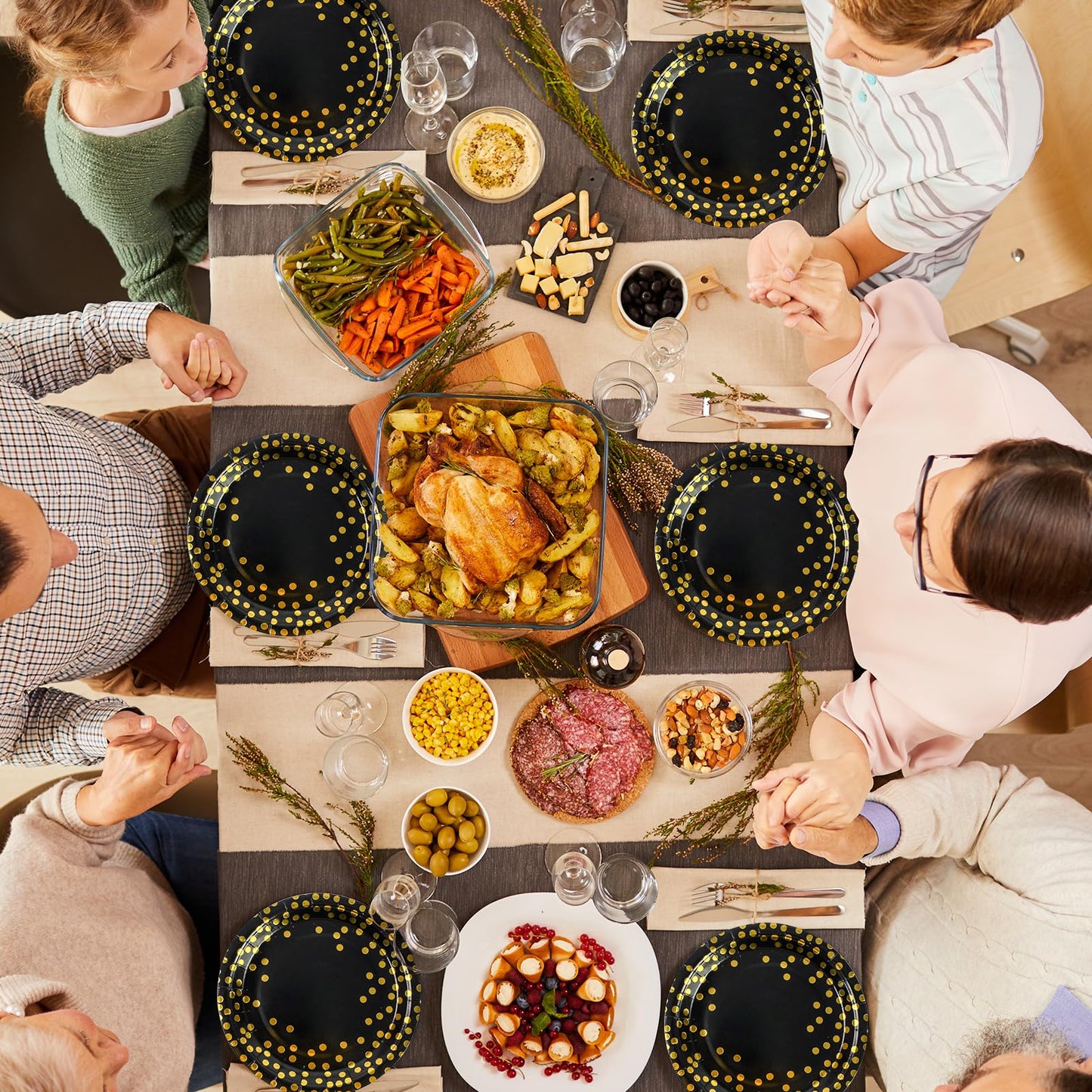 150PCS Paper Plates and Napkins Set - Black and Gold Dot Disposable Party Dinnerware Includes Paper Plates, Napkins, Forks Decorations for Birthdays, Graduations, Weddings and Holidays, Serves 50