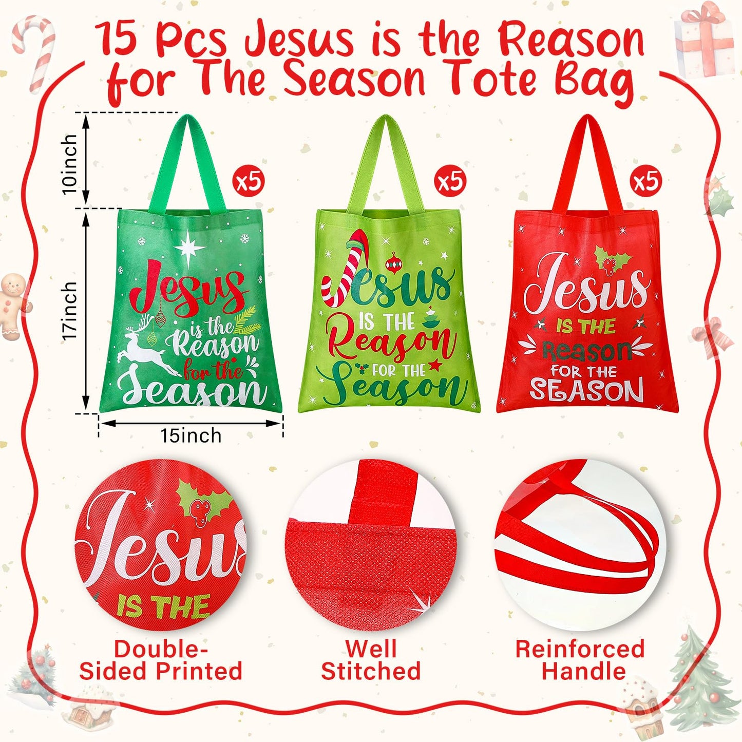 Hosuly 15 Pcs Extra Large Christmas Gift Bags 15 x 17 in Non Woven Christmas Tote with Handle Reusable Jesus Is the Reason for the Season Shopping Bags for Religious Xmas Holiday Party Supplies