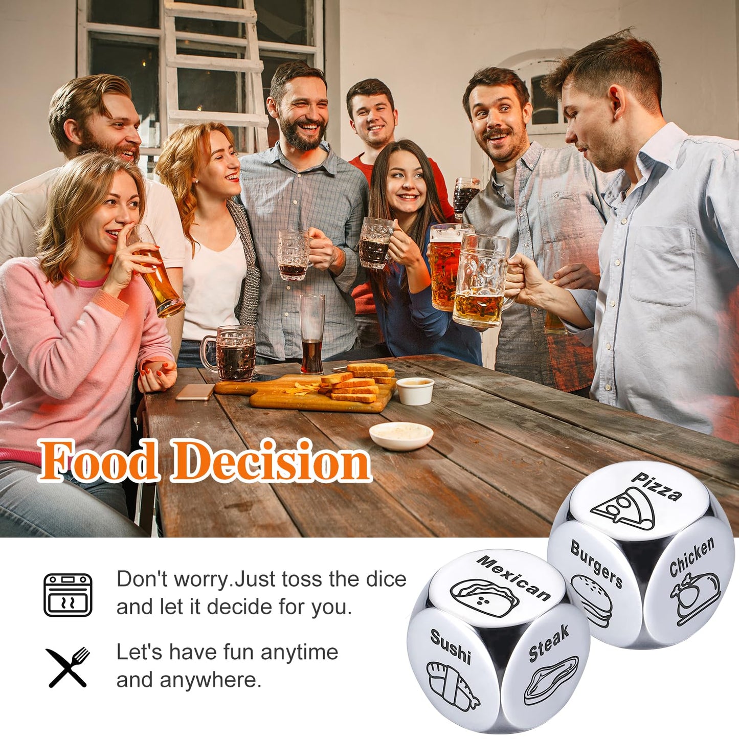 Stocking Stuffers for Men Women Adults for Him Her Couple Gifts for Boyfriend Girlfriend Wife Husband Anniversary 2PCS-Steel Food Decision Dice White Elephant Gifts