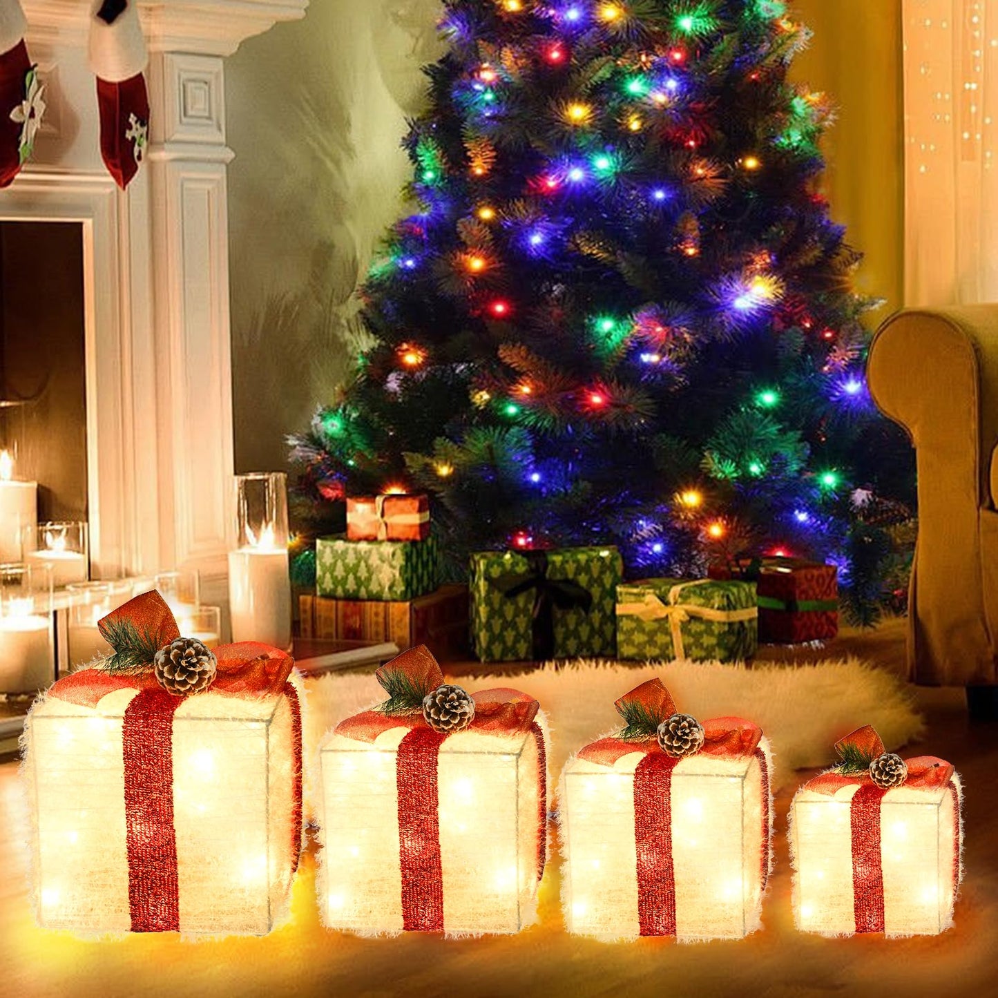 COVFEVER Christmas Lighted Gift Boxes Decorations Set of 4, 3.6Ft Stackable Christmas Nesting Boxes Battery Operated for Home and Party Decoration (10"-8"-6"-5", Red Bow)