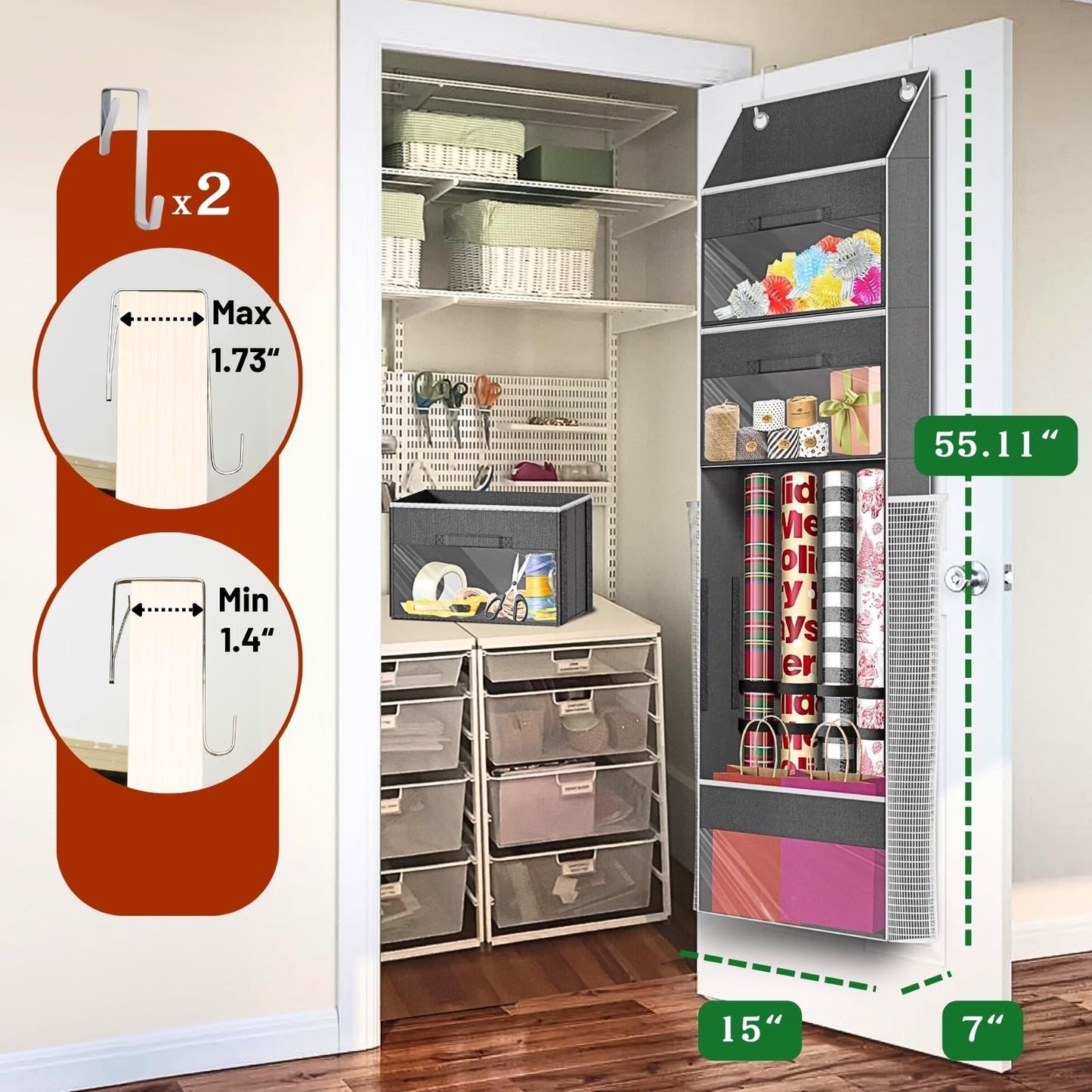 Over Door Wrapping Paper Organizer Storage with 3 Removable Drawers & Side Pockets – Dual Use Design with Elastic Straps – Christmas Gift Wrap Storage for Ribbons, Bows, Ornament and Other Tools