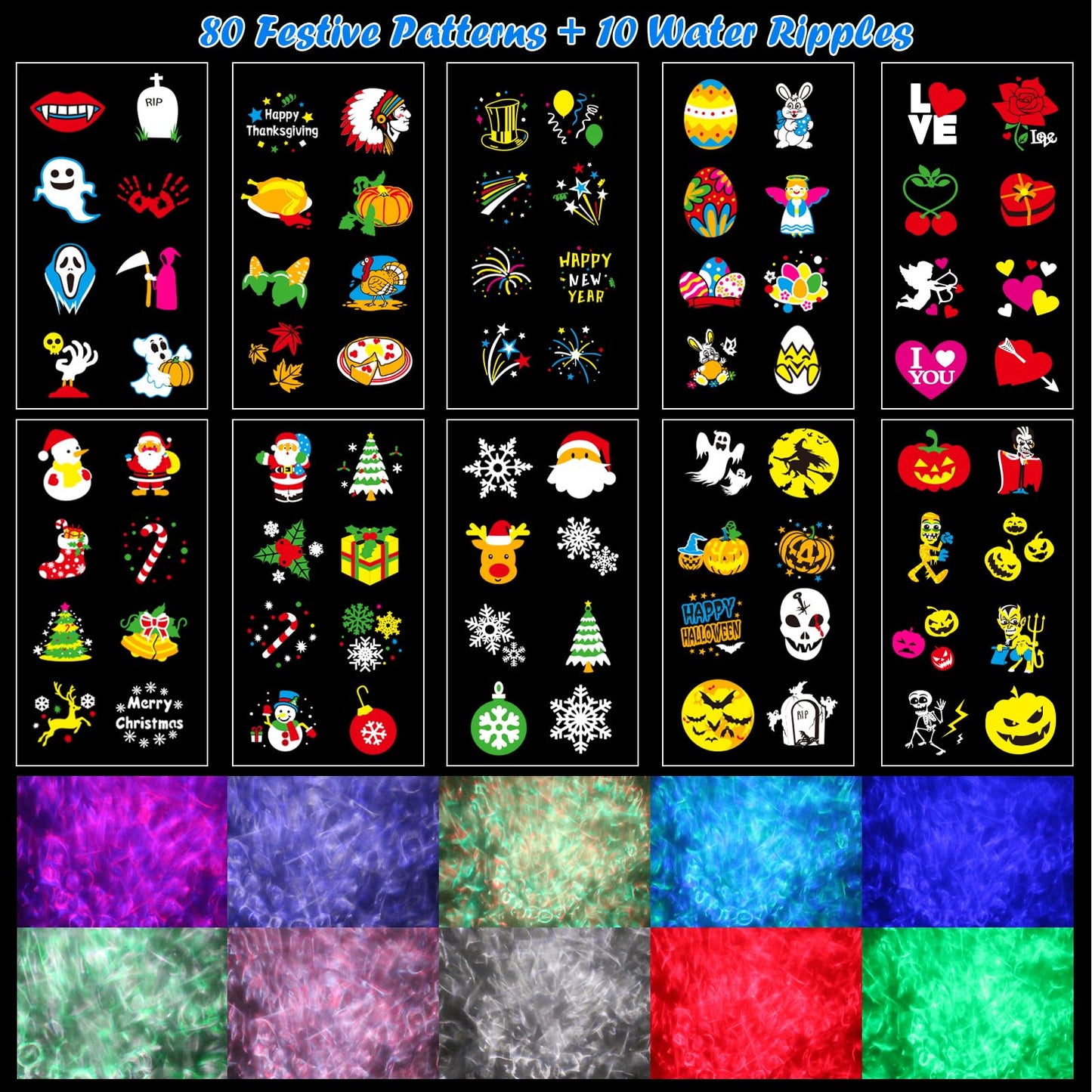 HAKUTA Halloween Christmas Projector Lights,HD Wave Ocean Effect LED Projector with 10 HD Slides (3D Ocean Wave +Patterns) and Remote Control for Christmas, Halloween, Thanksgiving