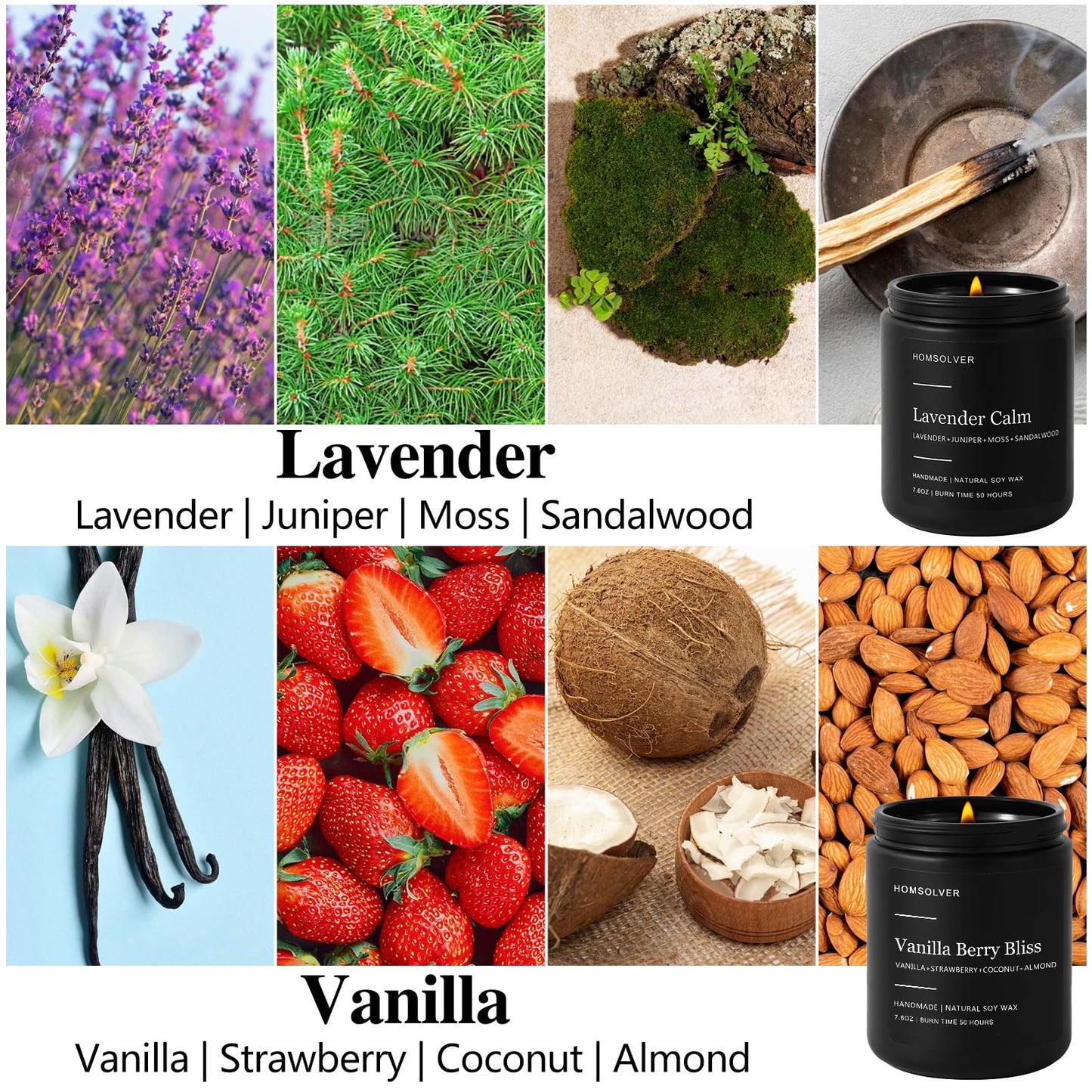 Homsolver Set of 4 Scented Candles for Home Decor, Candle Gifts for Dad Men Him, 200Hours Burn Tine, Vanilla, Lavender, Sandalwood, Eucalyptus Scented with Black Jar