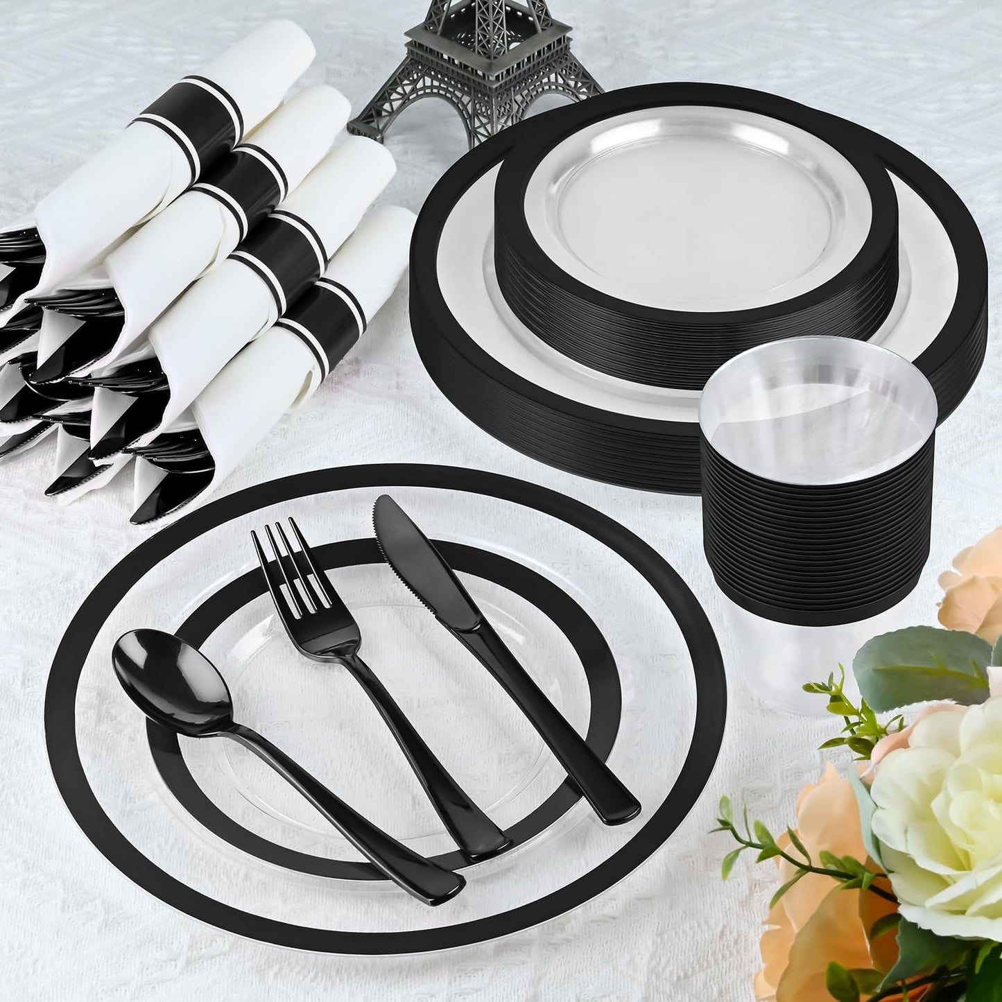 210 Pcs Black Plastic Dinnerware Set for 30 Guests - Includes 30set of Dinner Plates, Dessert Plates, Clear Plastic Cups, and Black Pre-Rolled Napkins with Cutlery Set, Disposable Party Supplies