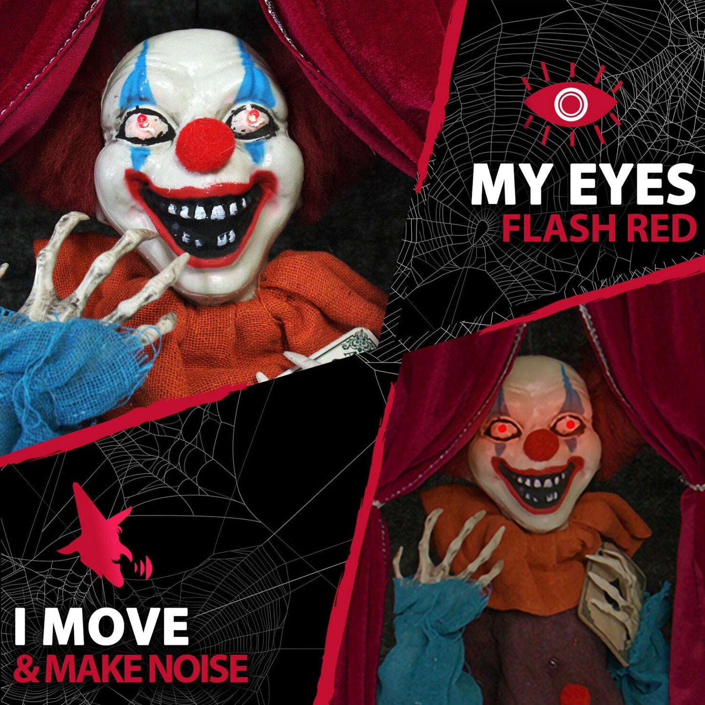 Haunted Hill Farm Talking Clown Halloween Animatronic with Flashing Red Eyes, Indoor or Outdoor Halloween Decorations, Battery Operated Creepy Halloween Props for Home or Haunted House